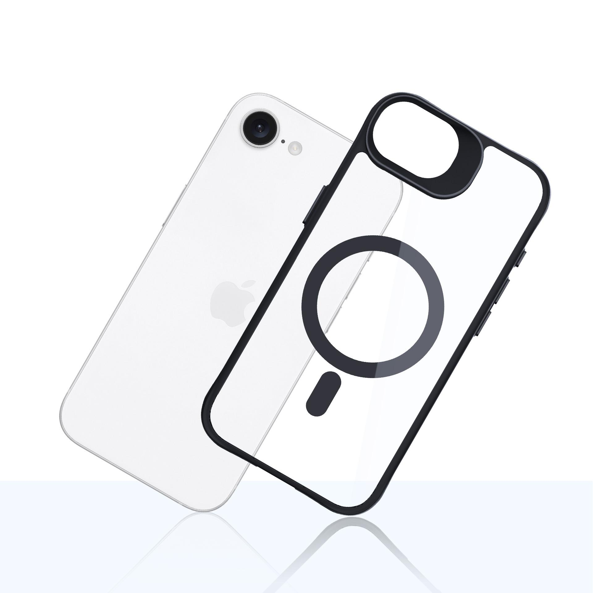 Biały iPhone i przezroczyste etui z czarną ramką. Etui ma okrągły obszar magnetyczny i wycięcie na aparat.
