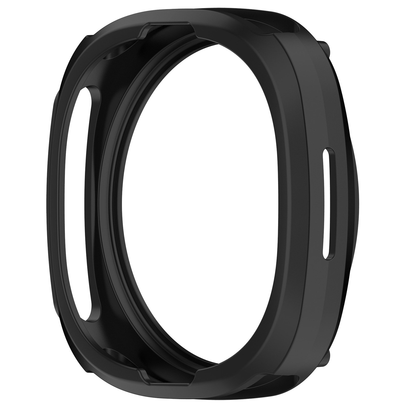 Una cassa per orologio circolare nera. Ha un design curvo con aperture per i pulsanti e il quadrante.
