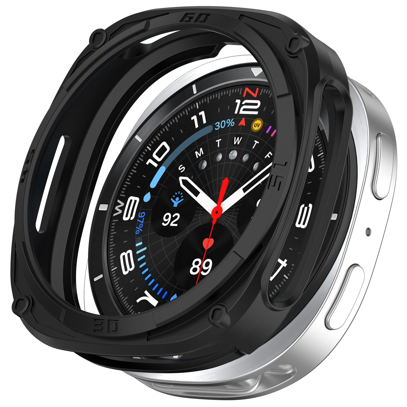 Vista ravvicinata di uno smartwatch con lunetta nera e cornice argentata, che mostra tempo e metriche di salute.