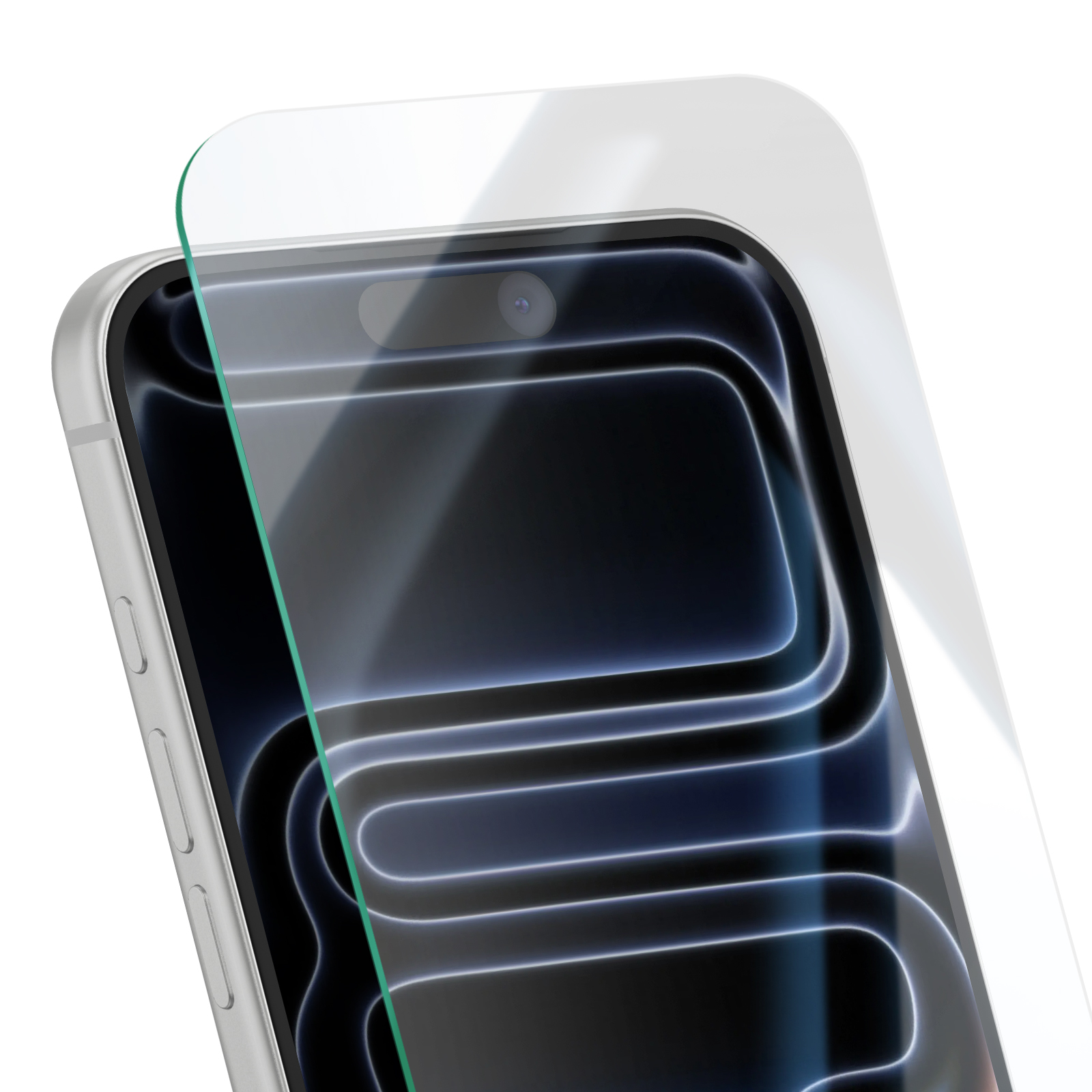 A smartphone with a screen protector. The phone is silver, the screen is black with blue highlights.