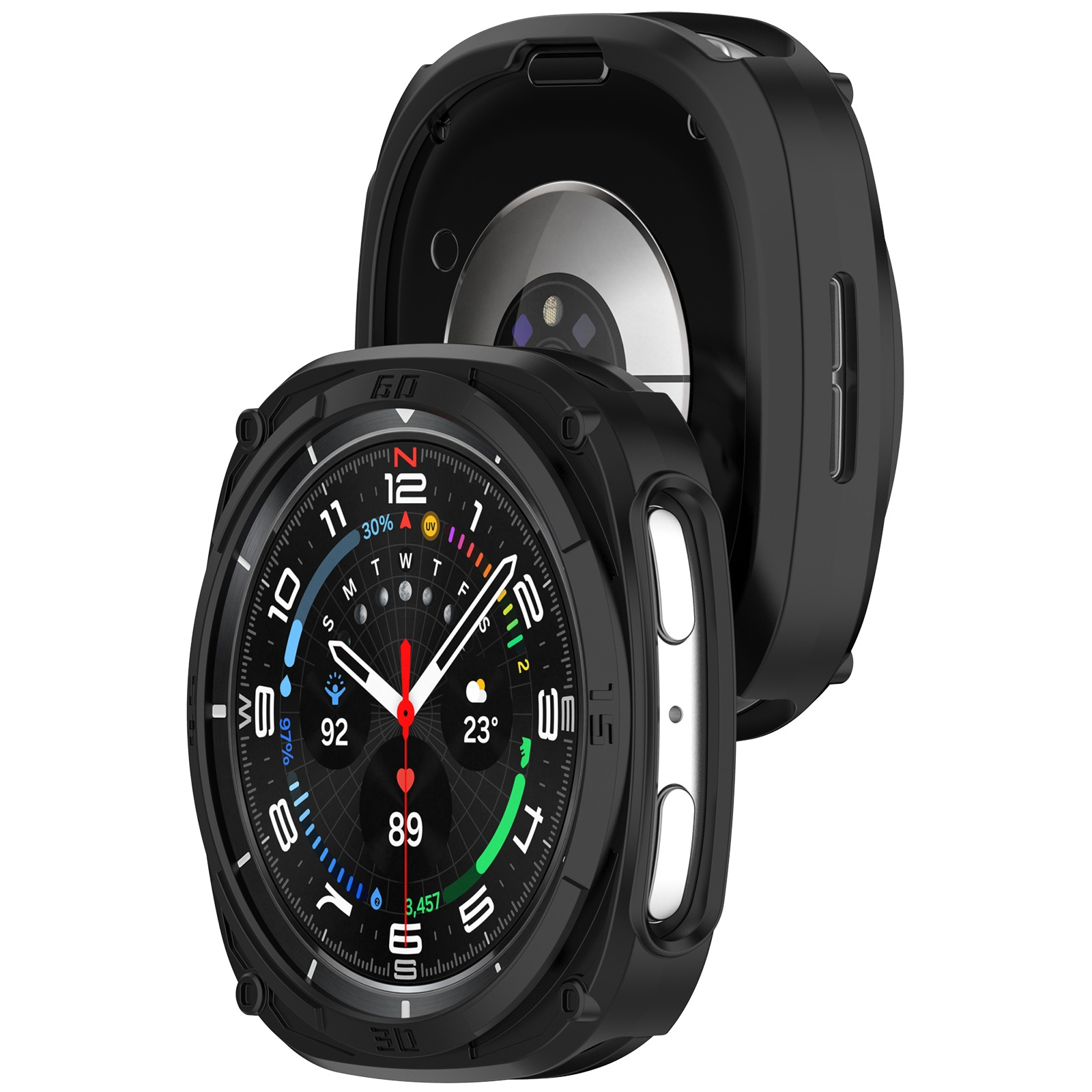 Smartwatch nera con quadrante dettagliato che mostra l'ora, le statistiche e un cardiofrequenzimetro. È parzialmente aperto.
