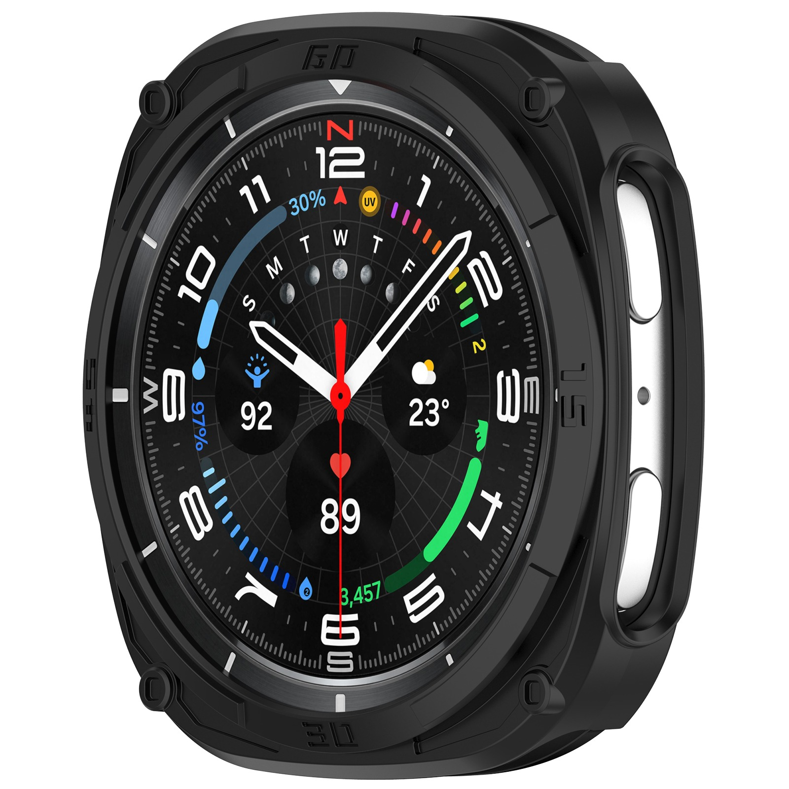 Uno smartwatch nero con quadrante rotondo mostra ora, dati sanitari e meteo. Ha una cassa nera e dettagli bianchi.