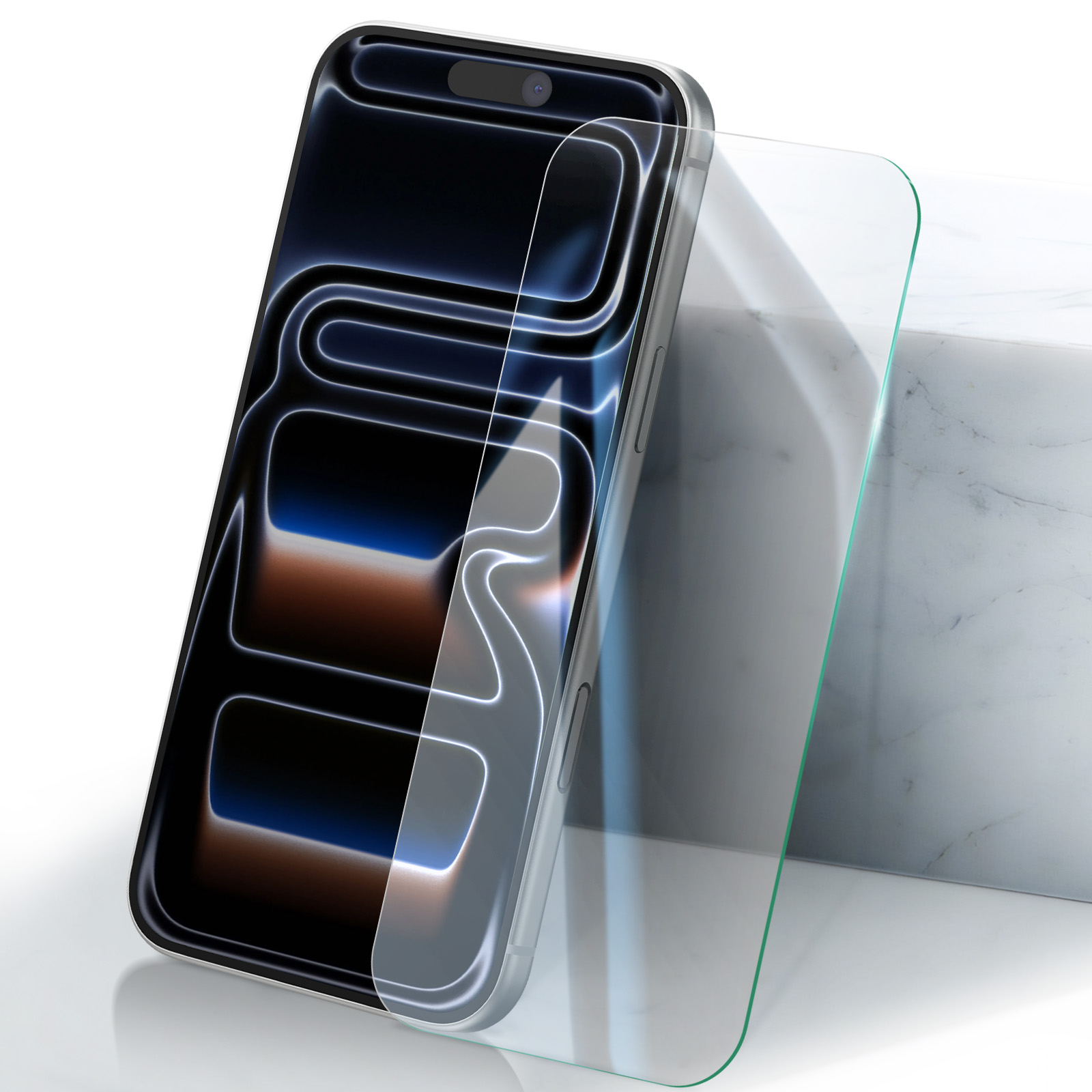 A smartphone with a screen protector. The screen shows lines and colors. Behind, a marble block. White background.