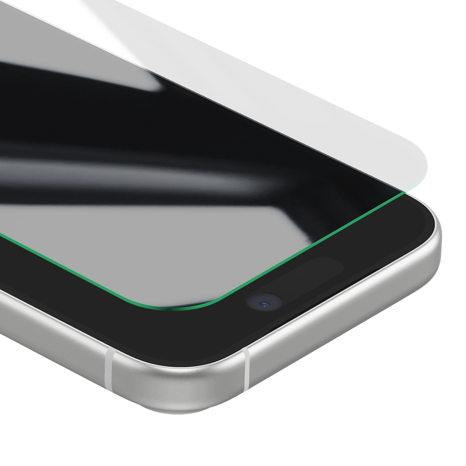 Close-up of a smartphone with a screen protector applied. The screen is black with a green border. Silver frame.