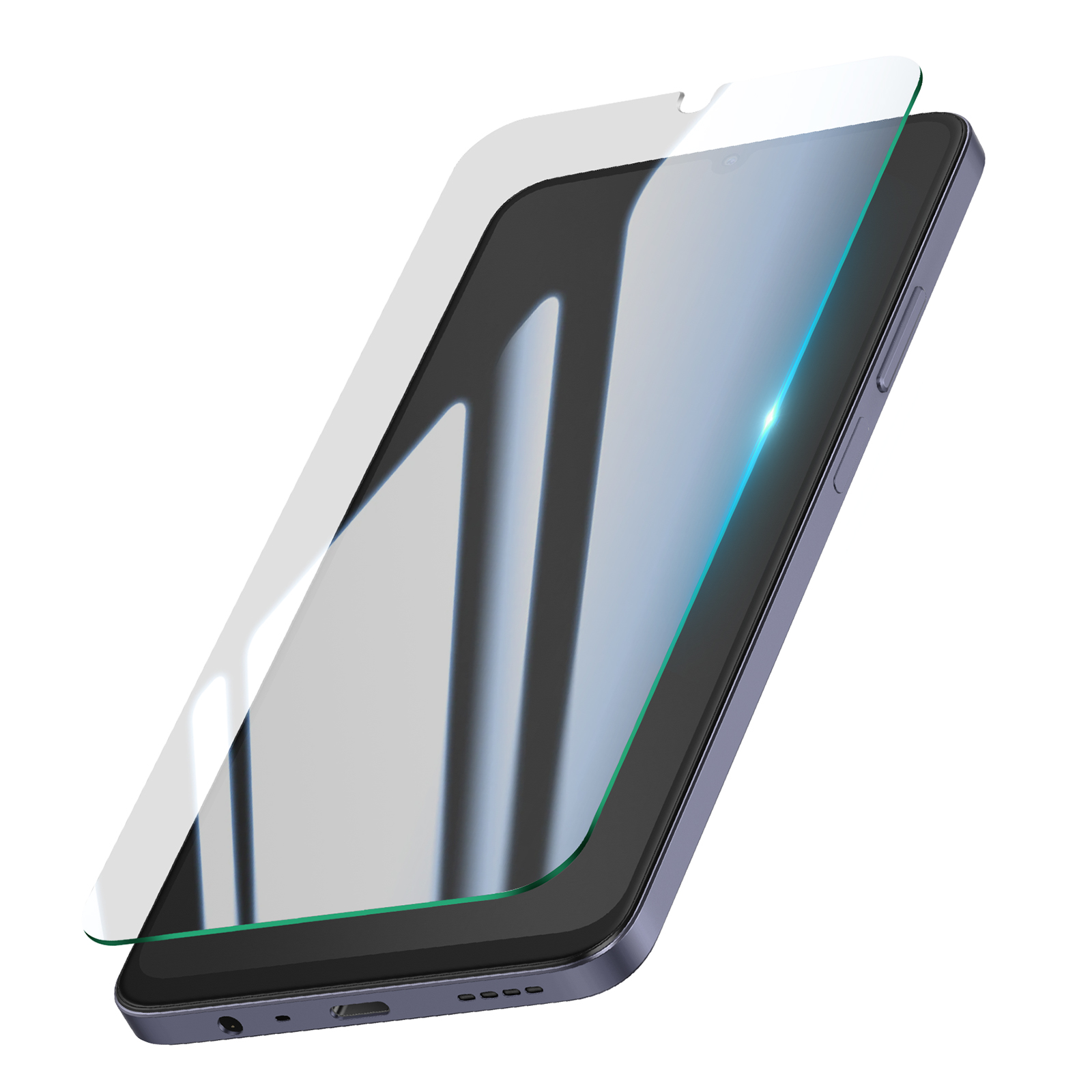 Uno smartphone con una protezione per lo schermo applicata. Il telefono è viola. La protezione è trasparente. Sfondo bianco.