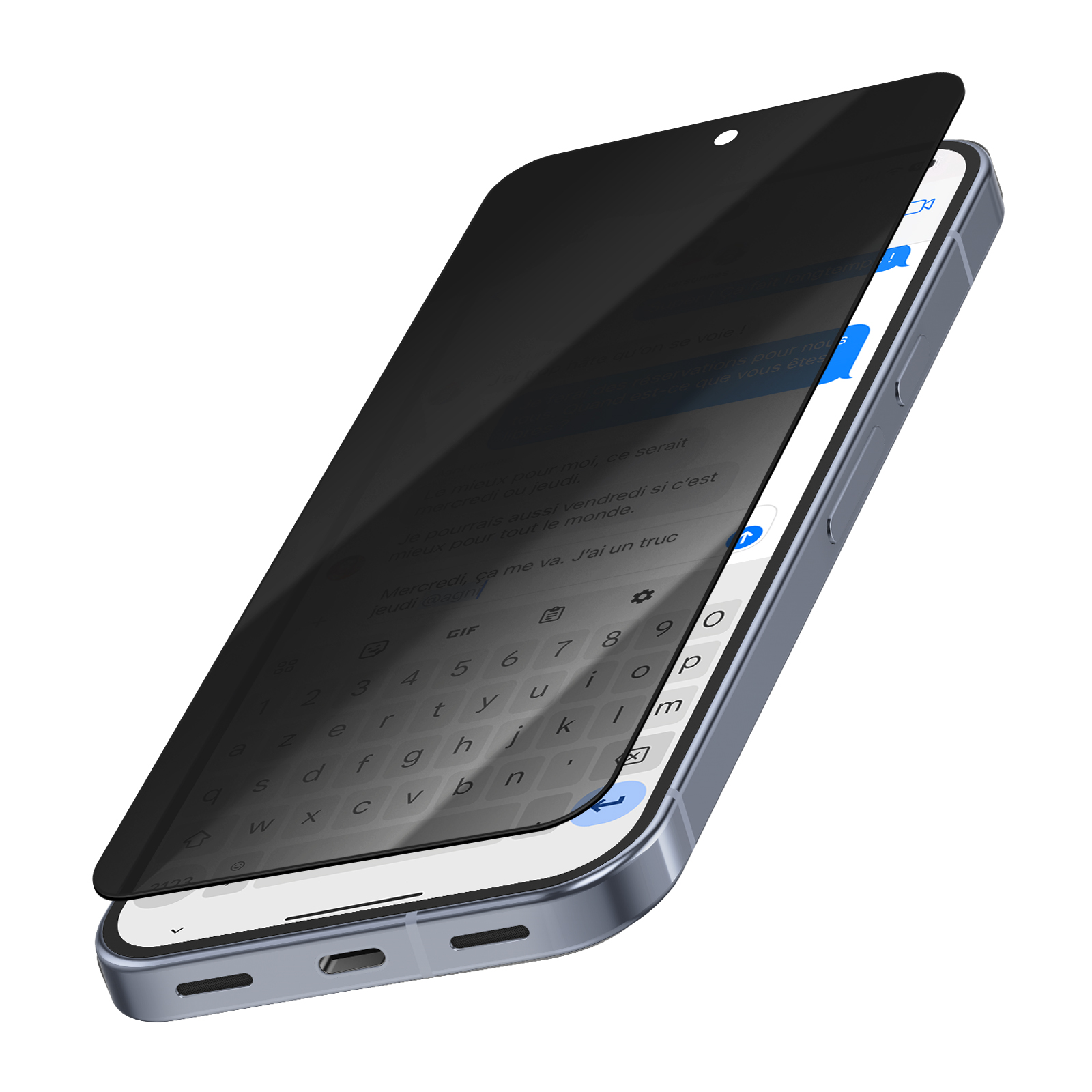 Un smartphone avec un protecteur d'écran affichant une conversation par SMS et un clavier.