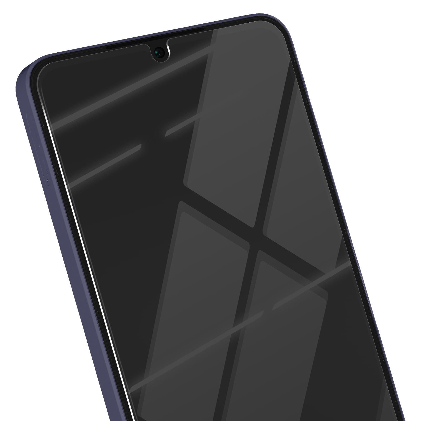 Primo piano di uno smartphone. Lo schermo è scuro con riflessi. Il telefono ha una cornice blu e una fotocamera frontale.