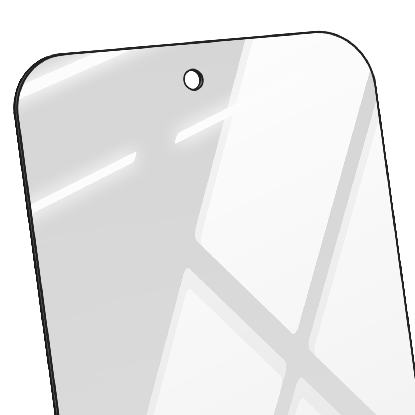 Gros plan d'un protecteur d'écran. C'est un rectangle clair et brillant avec un bord noir et un petit trou en haut.