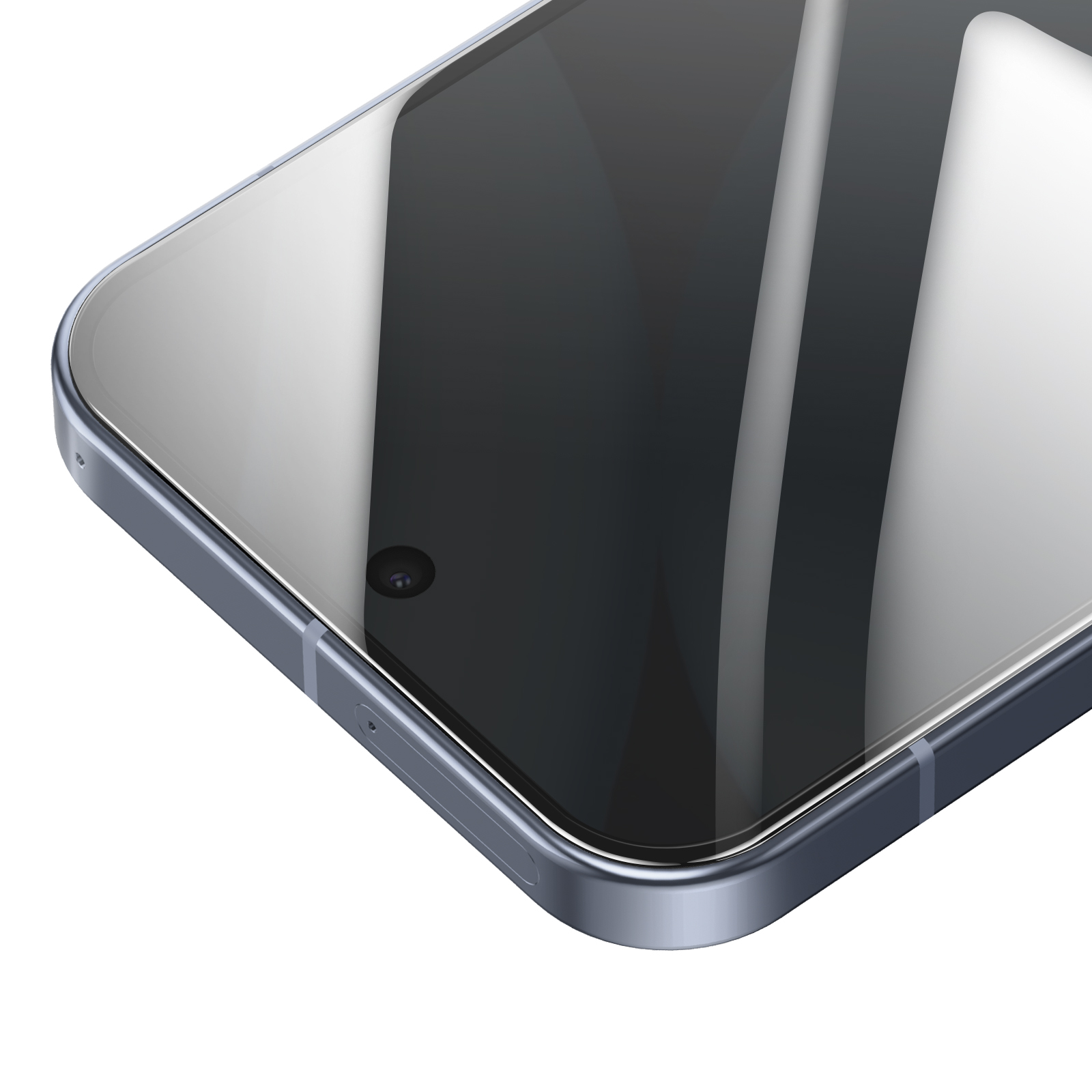 Gros plan d'un smartphone. Un écran sombre avec un objectif d'appareil photo. Le téléphone a un cadre bleu et une vitre.