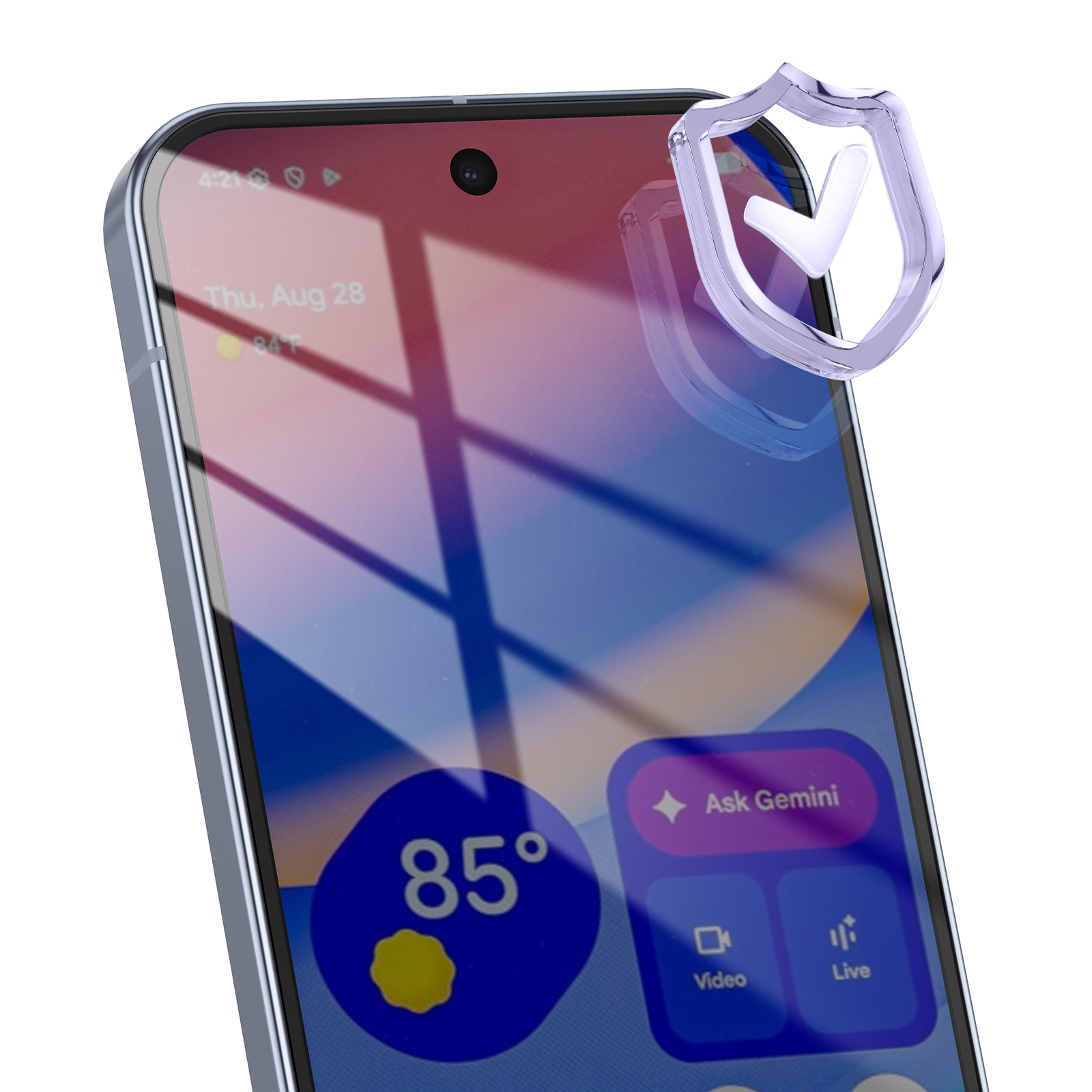 Écran de smartphone avec informations météorologiques et icônes d'applications. Un bouclier argenté avec une coche superposée.
