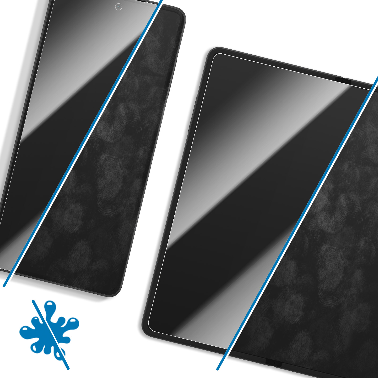 Due tablet neri, un telefono, con una linea diagonale bianca e blu. Un'icona blu di spruzzo è barrata.