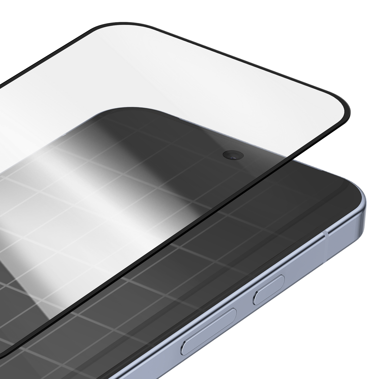 Un smartphone avec un protecteur d'écran appliqué. Le téléphone est bleu clair. Une caméra est visible sur l'écran.