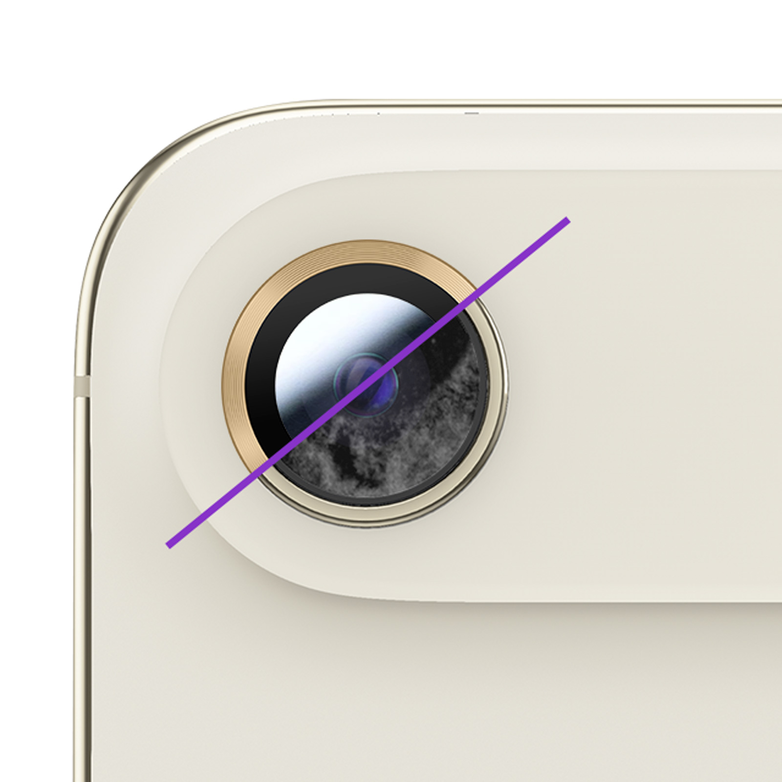Primo piano dell'obiettivo di una fotocamera del telefono, una linea viola lo attraversa, indicando che è disabilitato. Il telefono è color crema.