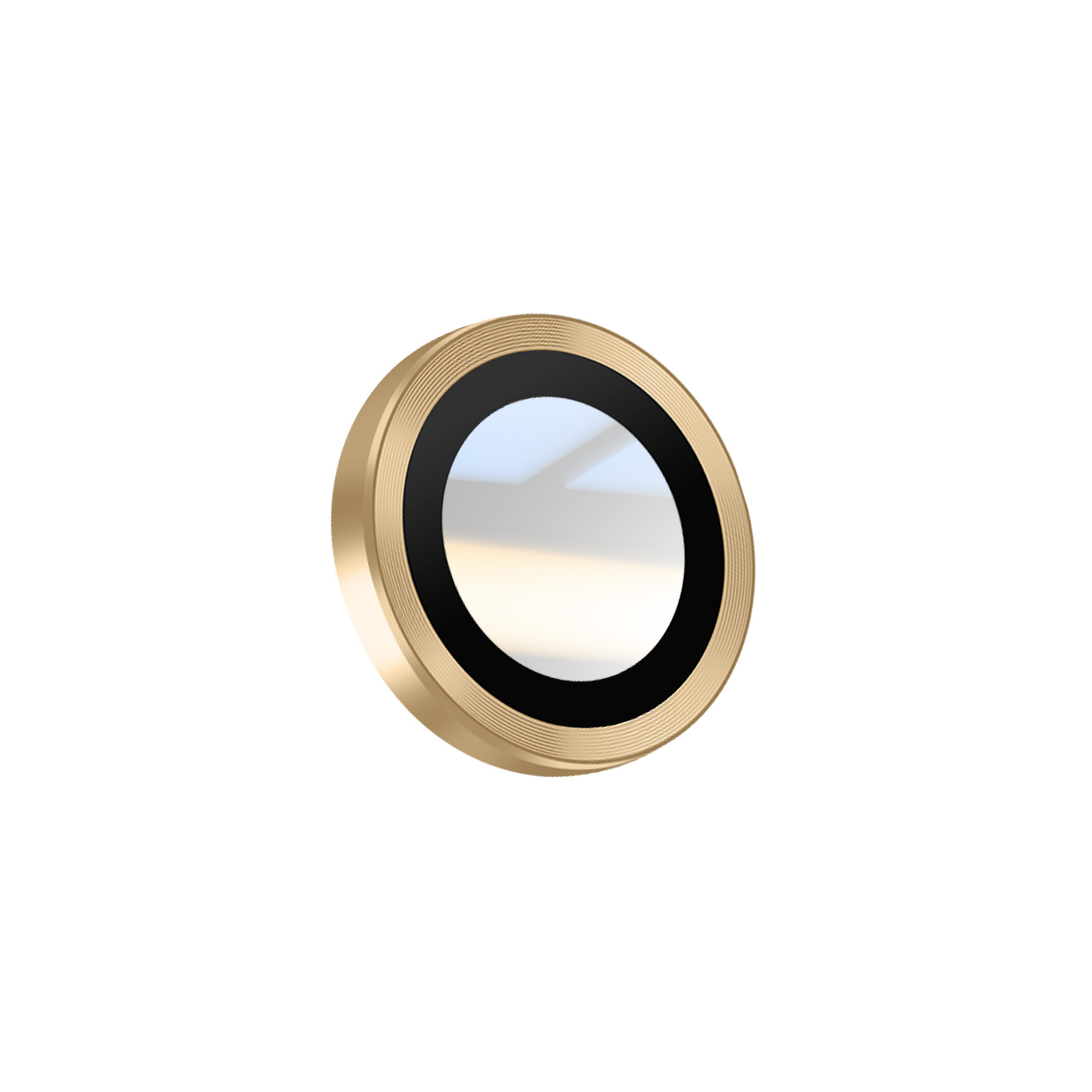 Un obiettivo dorato con anello nero e vetro, su sfondo bianco.