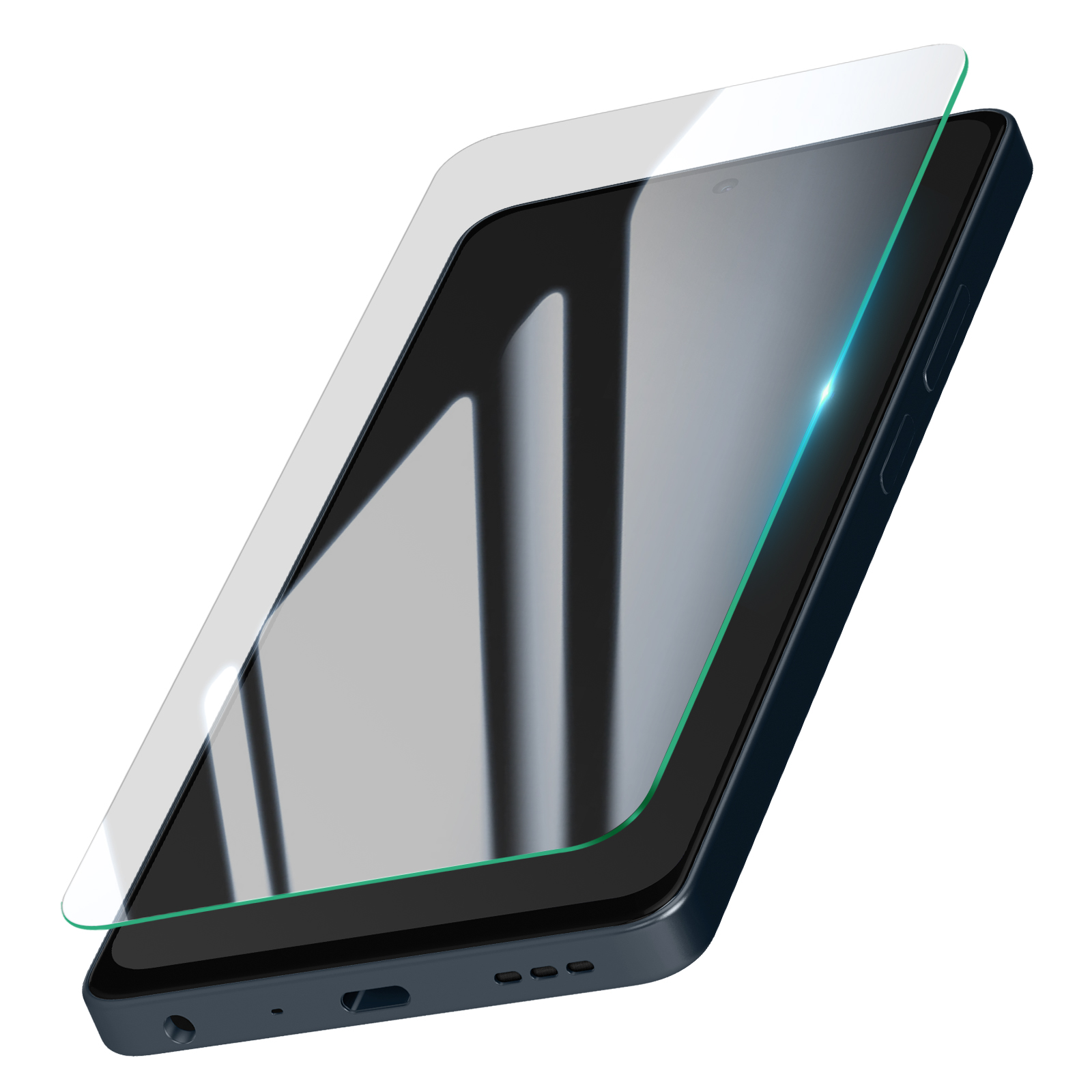 Een smartphone met een schermbeschermer erop. De telefoon is donkerblauw, de beschermer transparant.