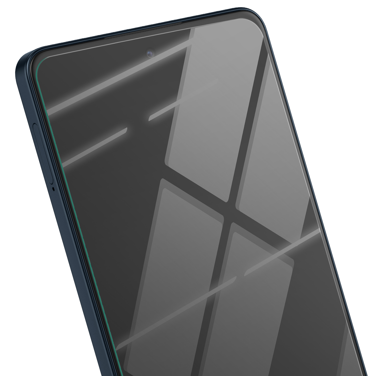 Close-up van een smartphone. Het scherm toont reflecties en een camera aan de voorkant is zichtbaar. De telefoon heeft een blauwe rand.