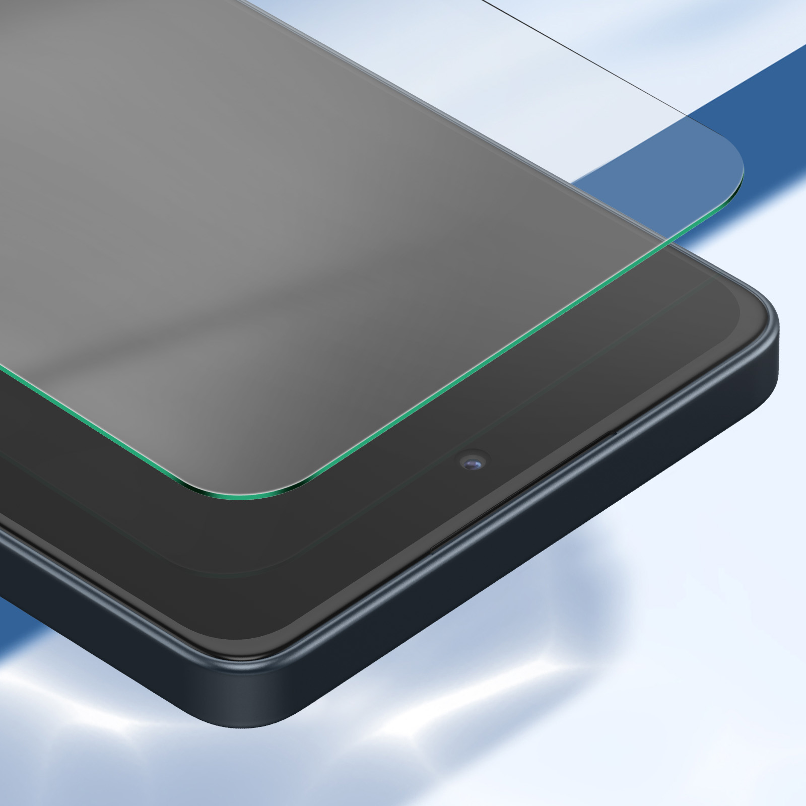 Een smartphone met een schermbeschermer. De telefoon is donkergrijs, de beschermer transparant en de achtergrond blauw.