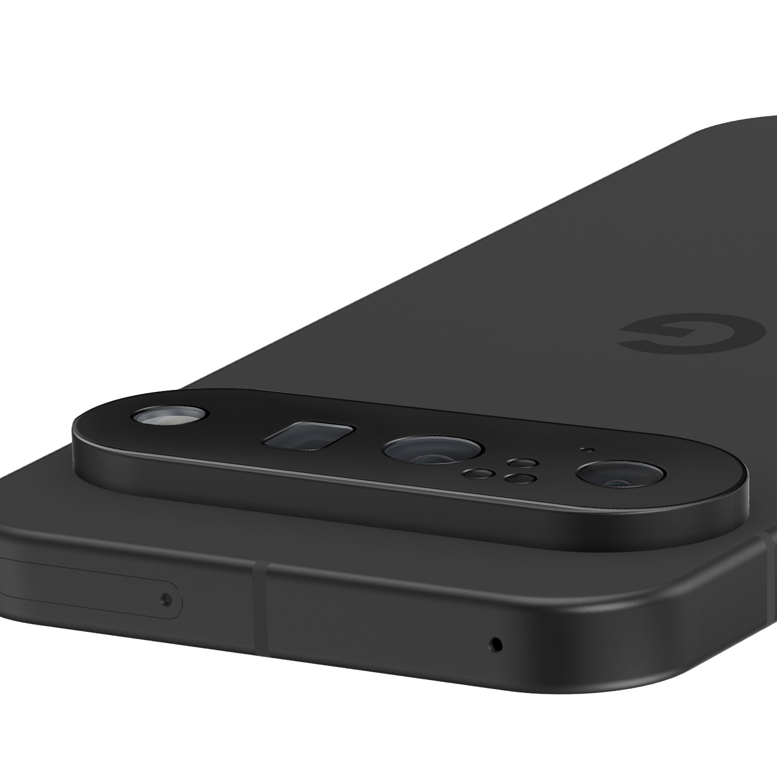 Smartphone nero con più obiettivi, un flash e il logo Google. Vista angolata, sfondo bianco.