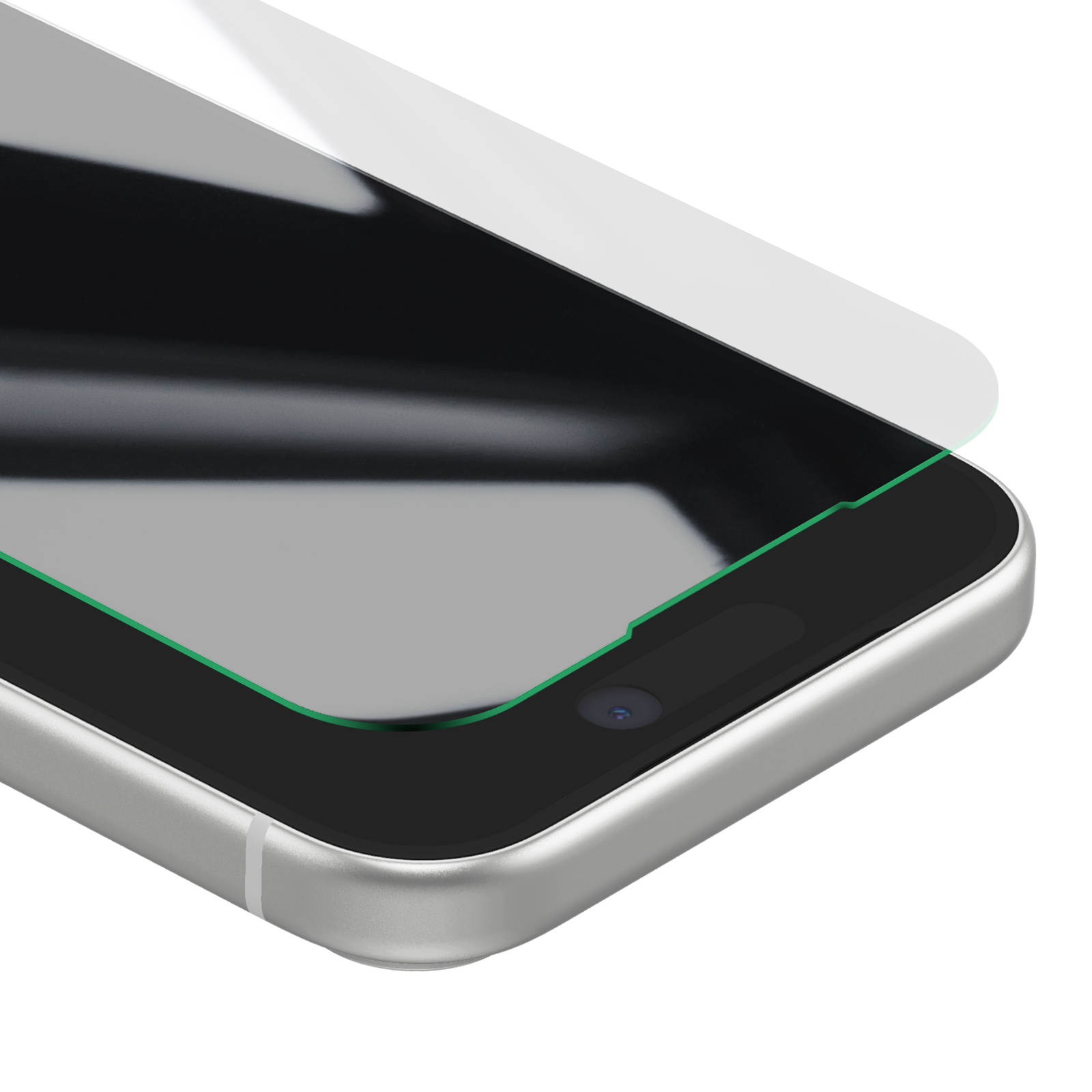 A smartphone with a screen protector applied. The phone is silver, the screen is black, and the protector is clear.