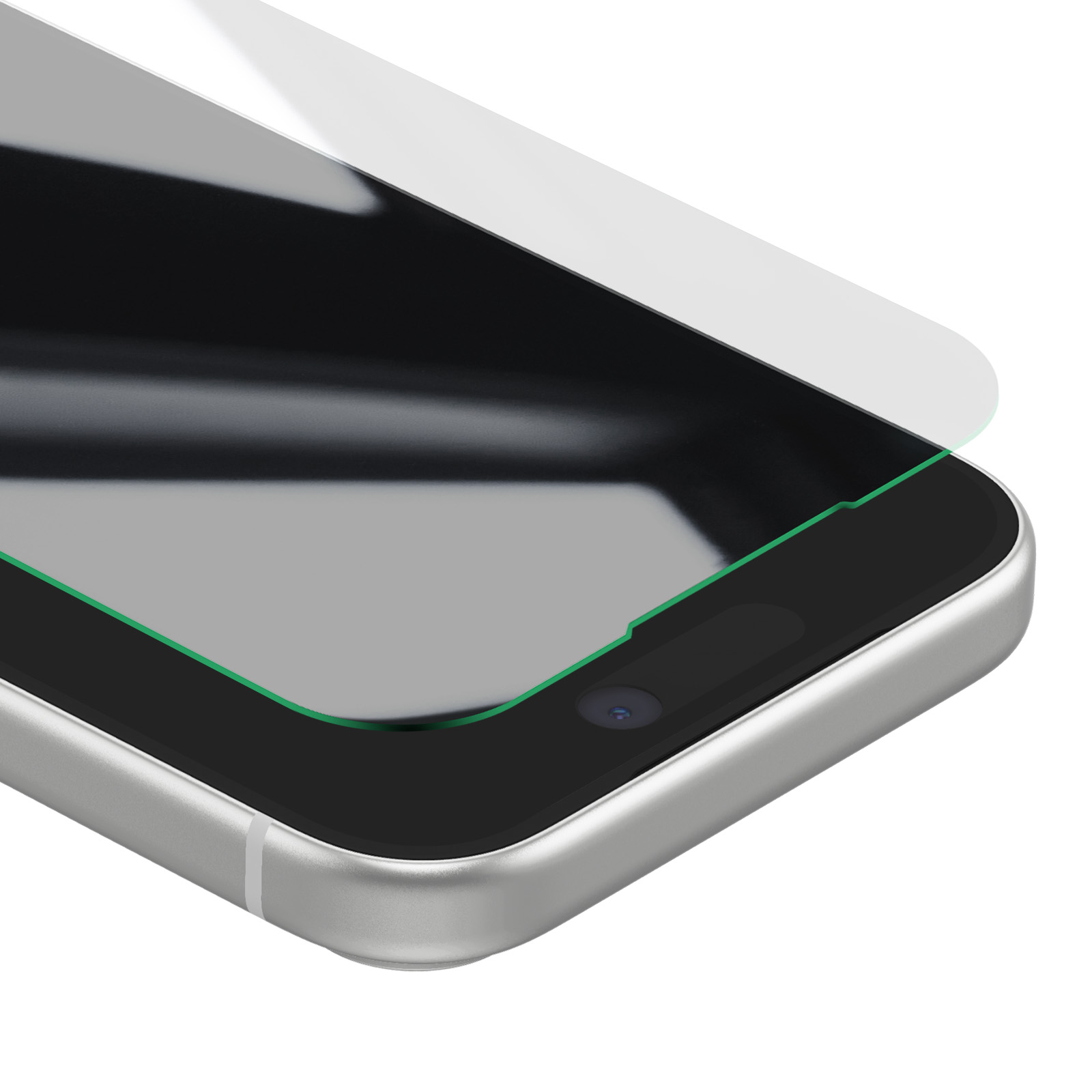 A close-up of a silver smartphone with a screen protector. The screen is black, with a green border and a camera.