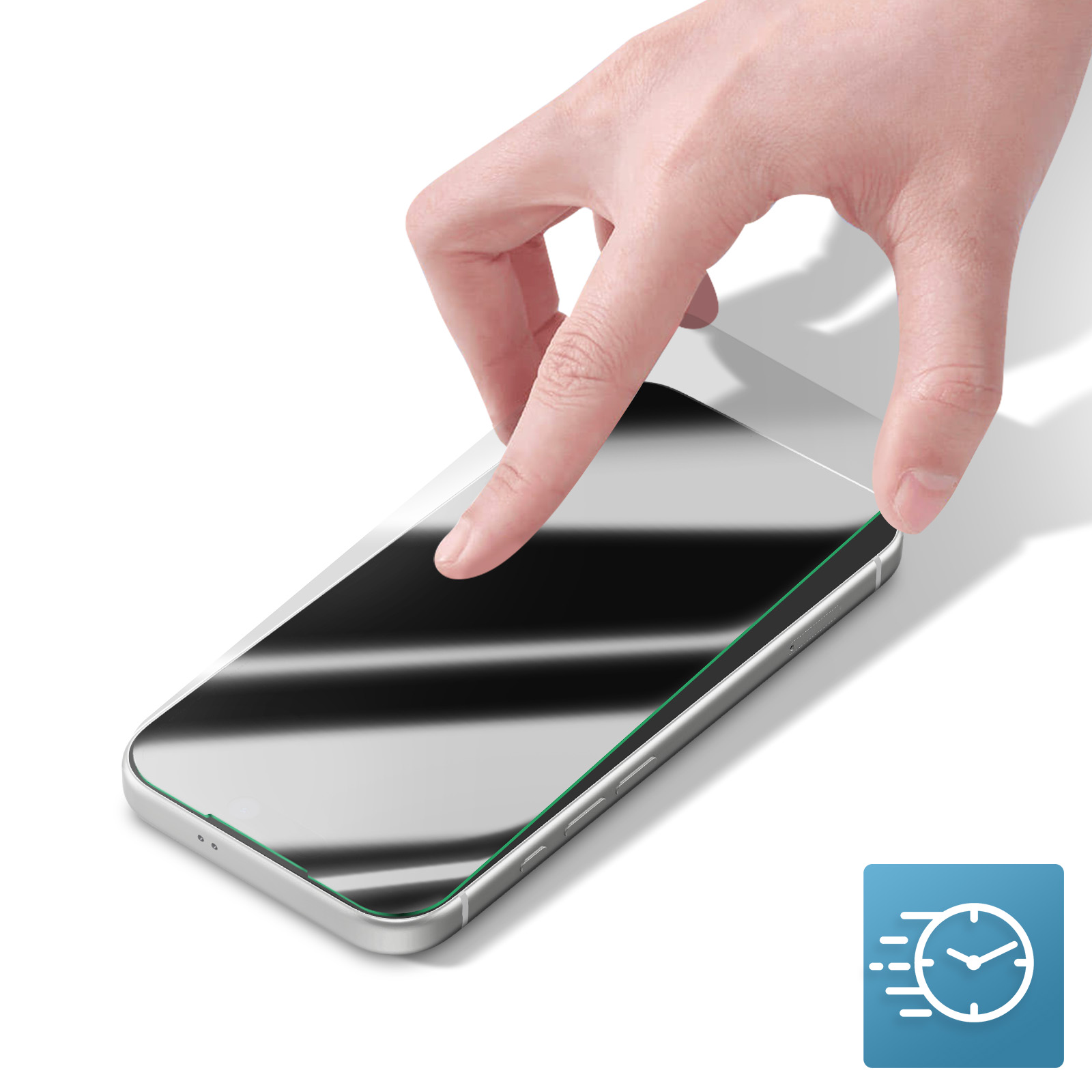A hand placing a screen protector on a phone. The phone is silver. White background. A blue icon is visible.