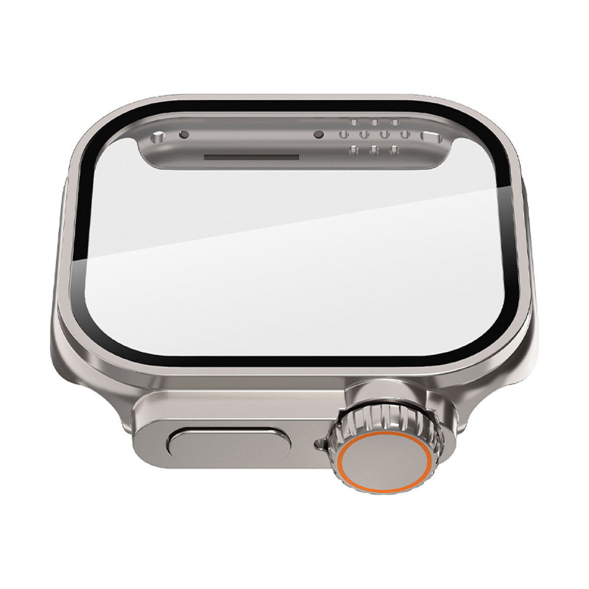 Primo piano di uno smartwatch argentato con schermo in vetro. L'orologio ha un pulsante e un quadrante rotante con dettagli arancioni.