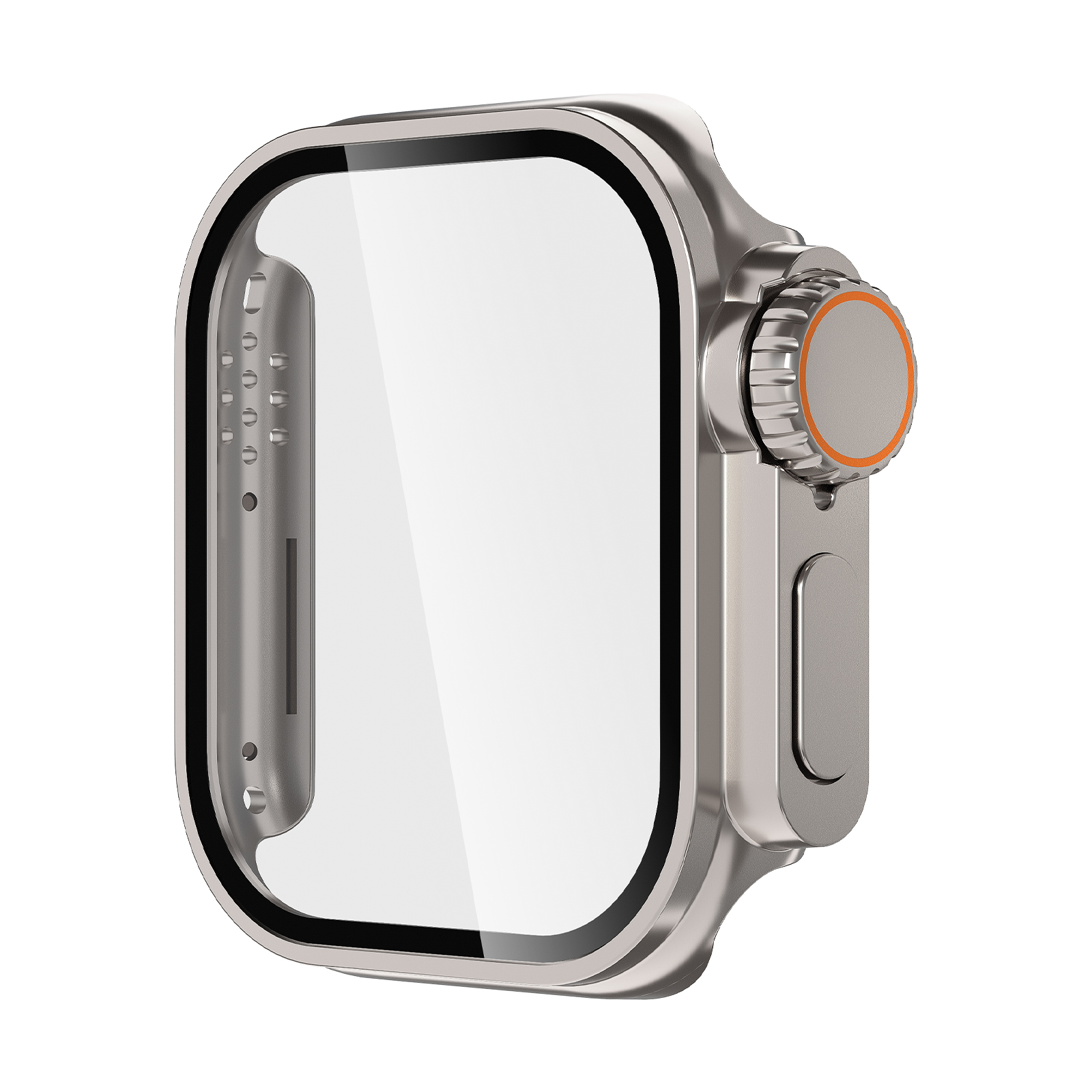 Un Apple Watch Ultra argentato, vista laterale. Ha un ampio schermo, quadrante arancione e un pulsante. Su sfondo bianco.