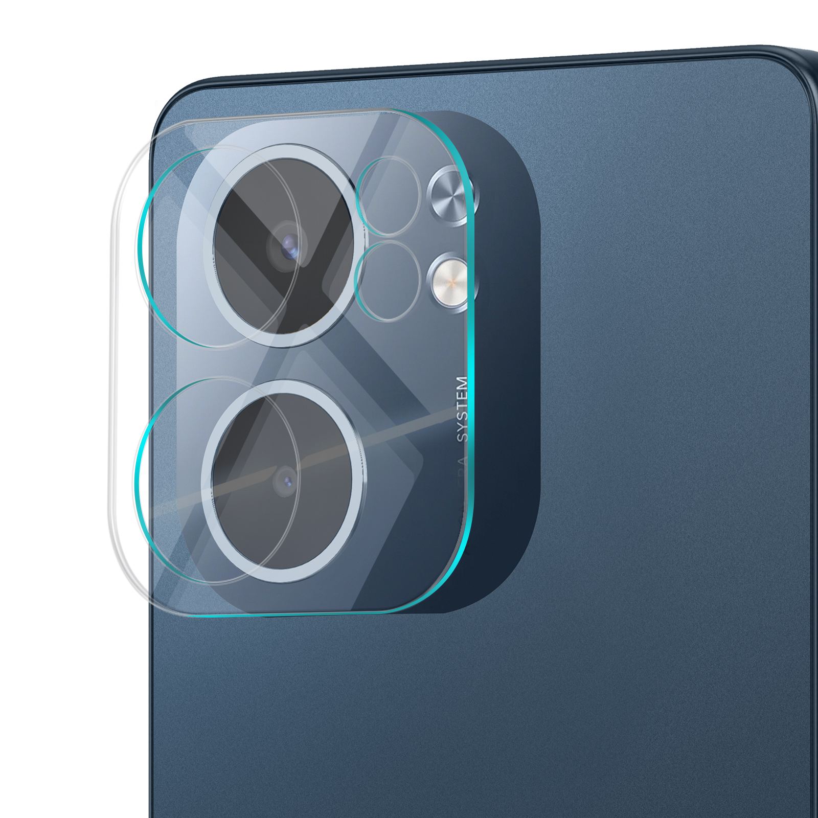 Un modulo fotocamera del telefono con vetro protettivo. Il telefono è blu scuro, con più lenti.