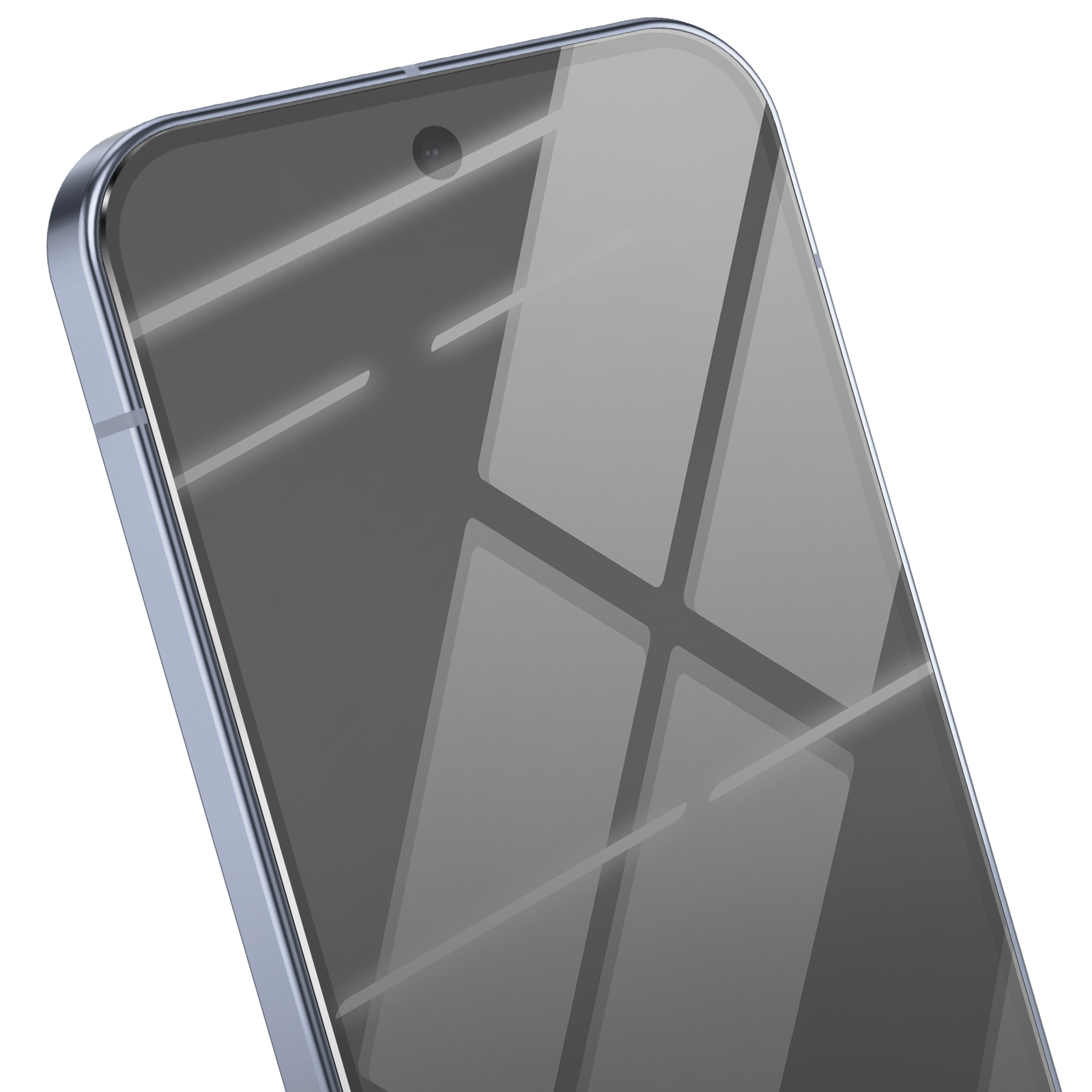 Primo piano di uno smartphone con schermo riflettente, fotocamera e cornice blu-grigia. Lo schermo riflette luce e forme.