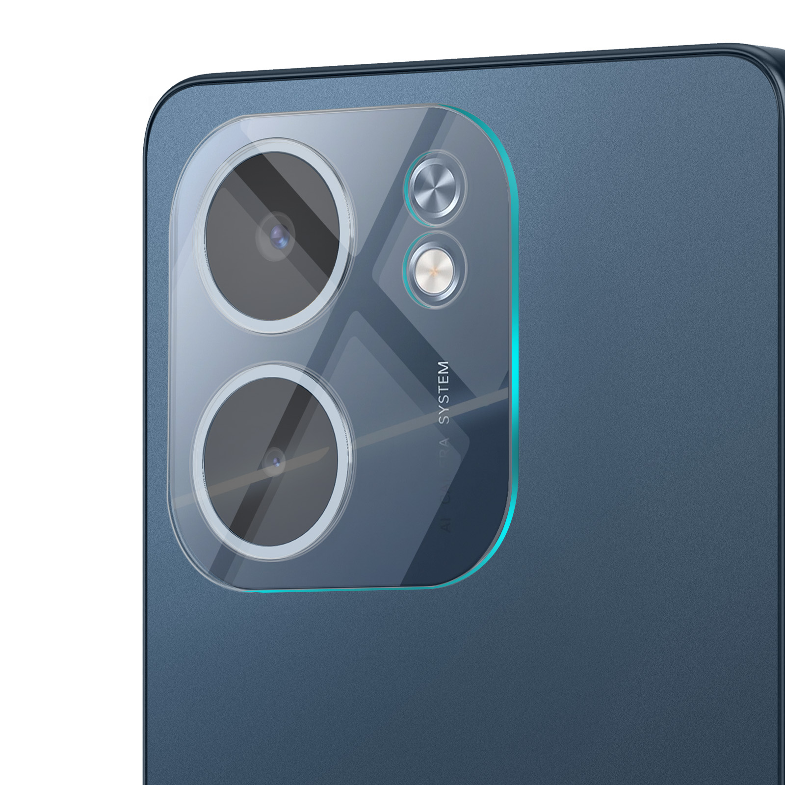 Primo piano del modulo fotocamera di un telefono blu con tre obiettivi e un flash. Il telefono ha una superficie strutturata.