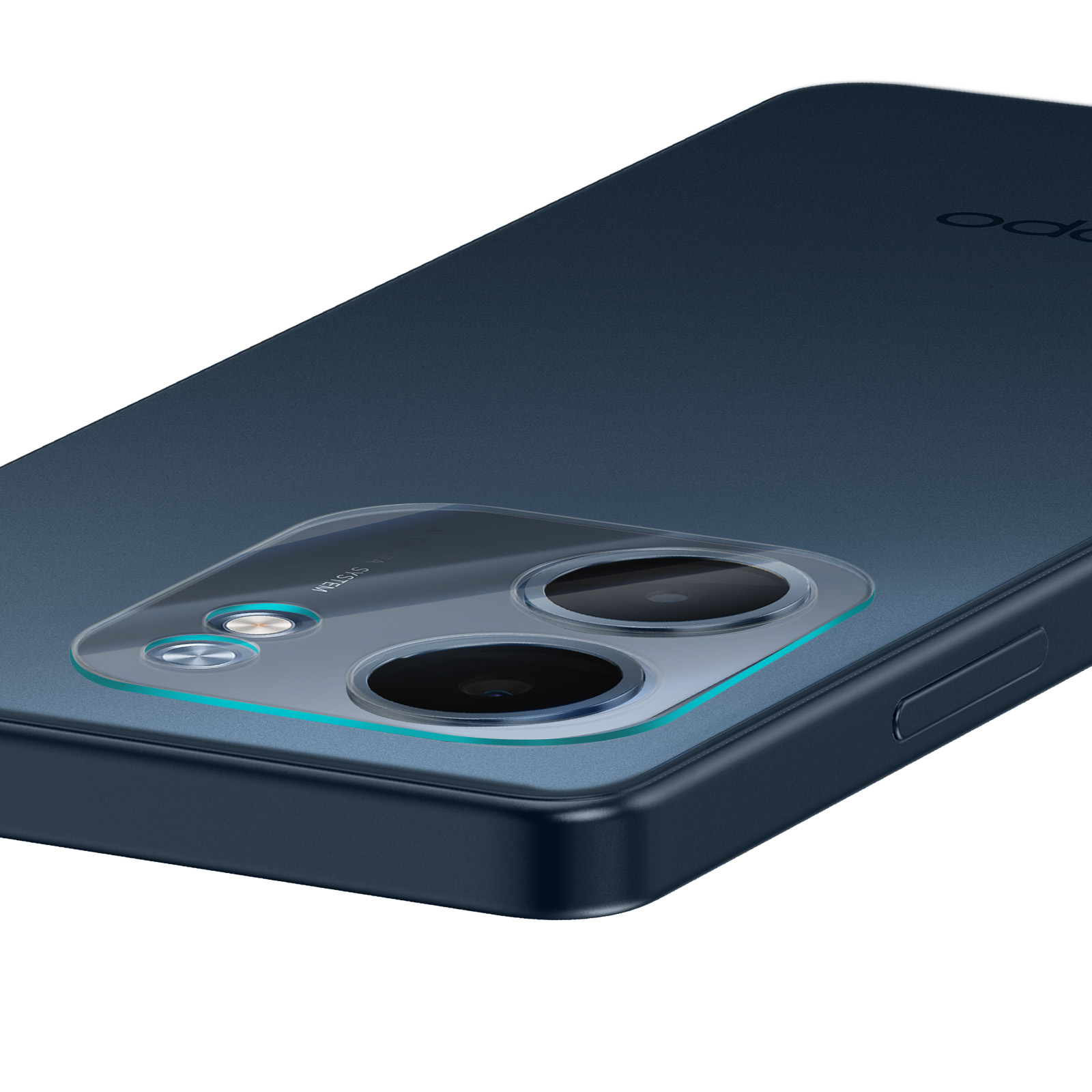 Uno smartphone blu scuro con lenti della fotocamera. Il logo Oppo è visibile. Lo sfondo è bianco.