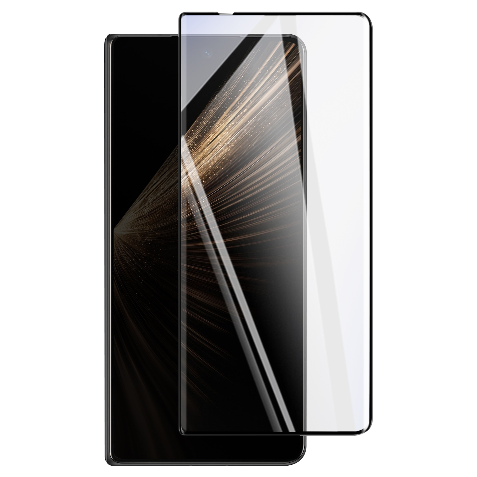 Een smartphone met een schermbeschermer. De telefoon is zwart, de beschermer is transparant.
