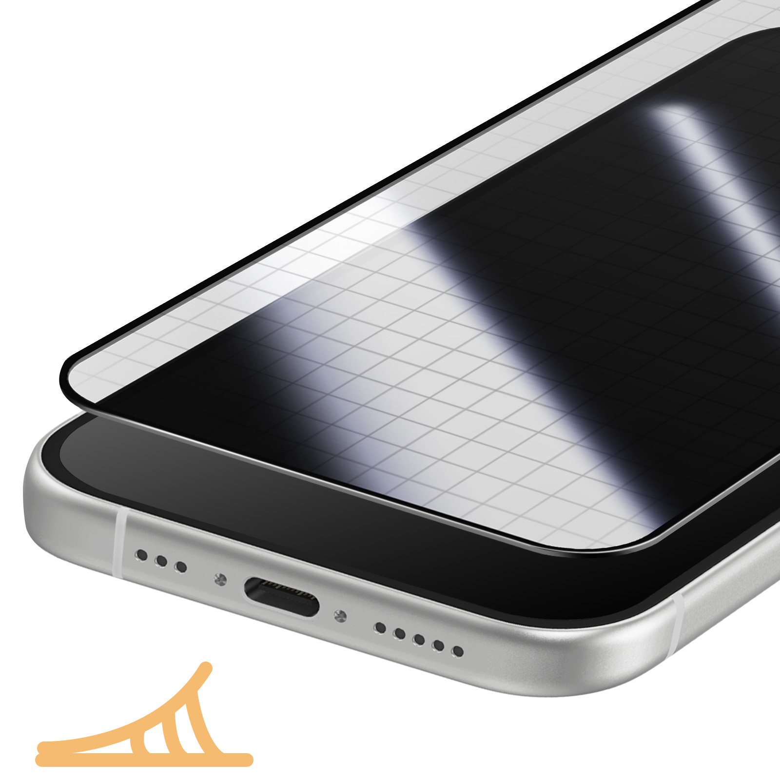 Close-up of a smartphone with a screen protector applied. The screen is black, and the phone is silver.