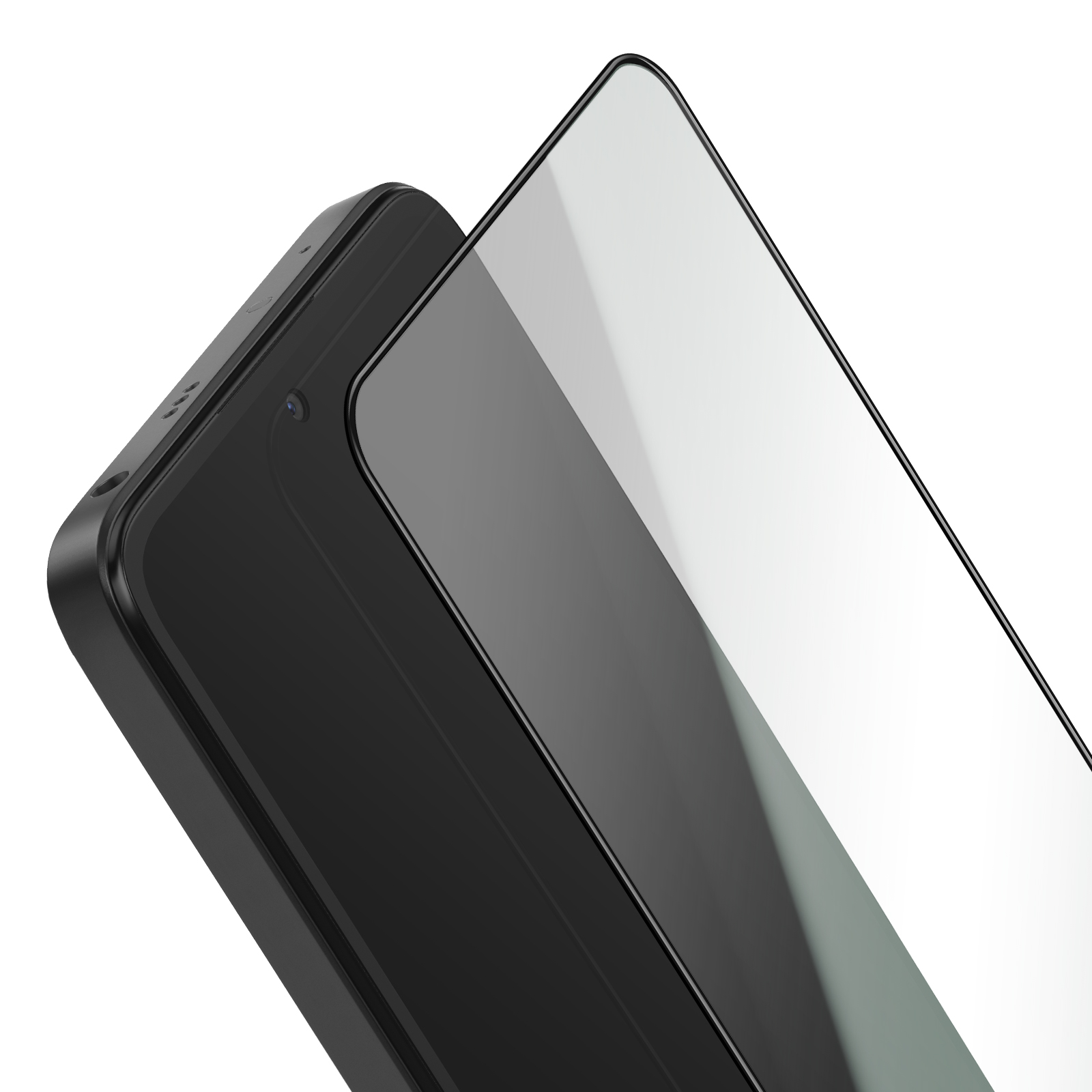 Primo piano di uno smartphone nero con protezione schermo. Lo schermo riflette la luce. Lo sfondo è bianco.