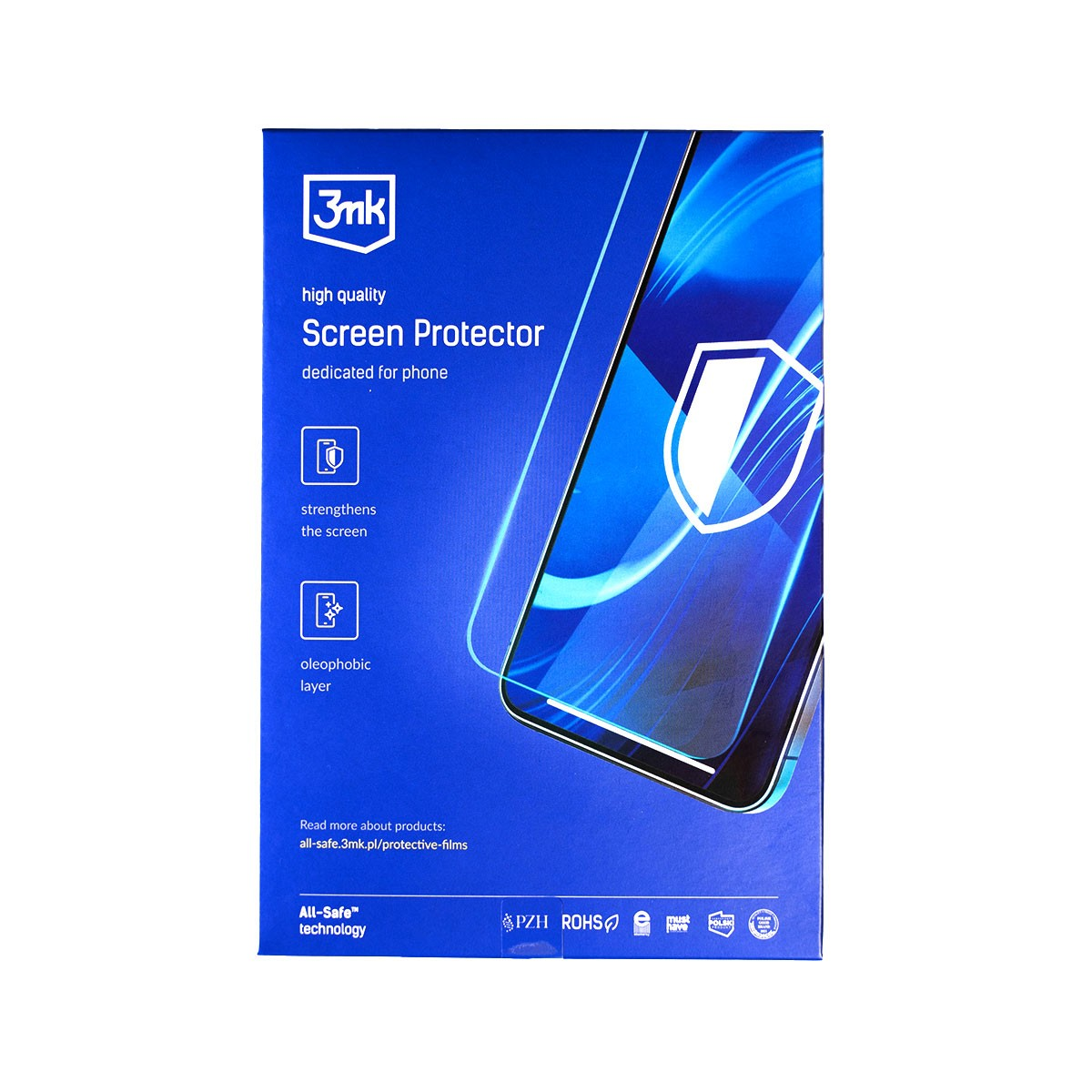 Una scatola blu con un'immagine di protezione dello schermo e testo. Il testo dice 'Screen Protector' e 'All-Safe technology'.