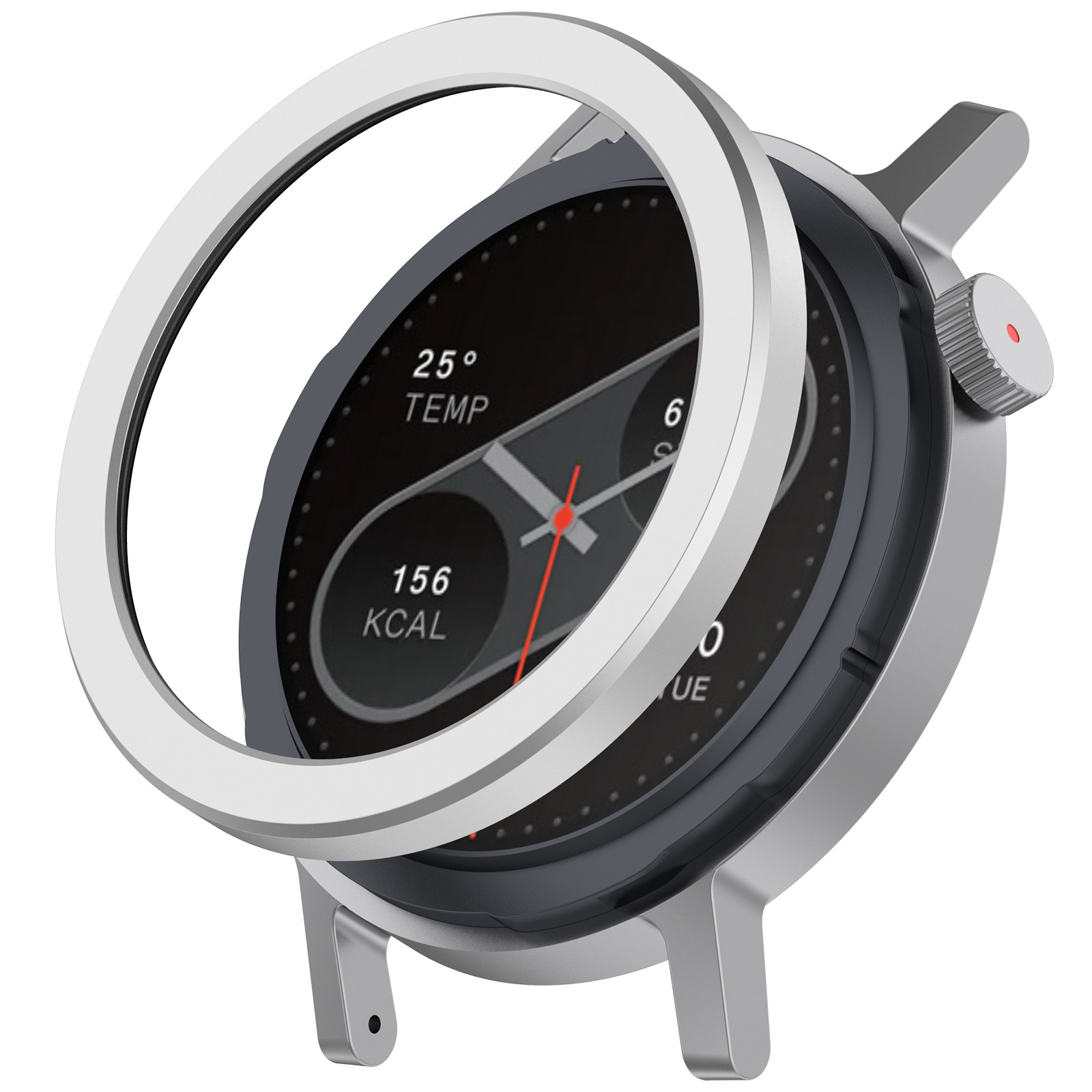 Primo piano di uno smartwatch con cassa argentata e schermo nero, che mostra metriche come temperatura e calorie.
