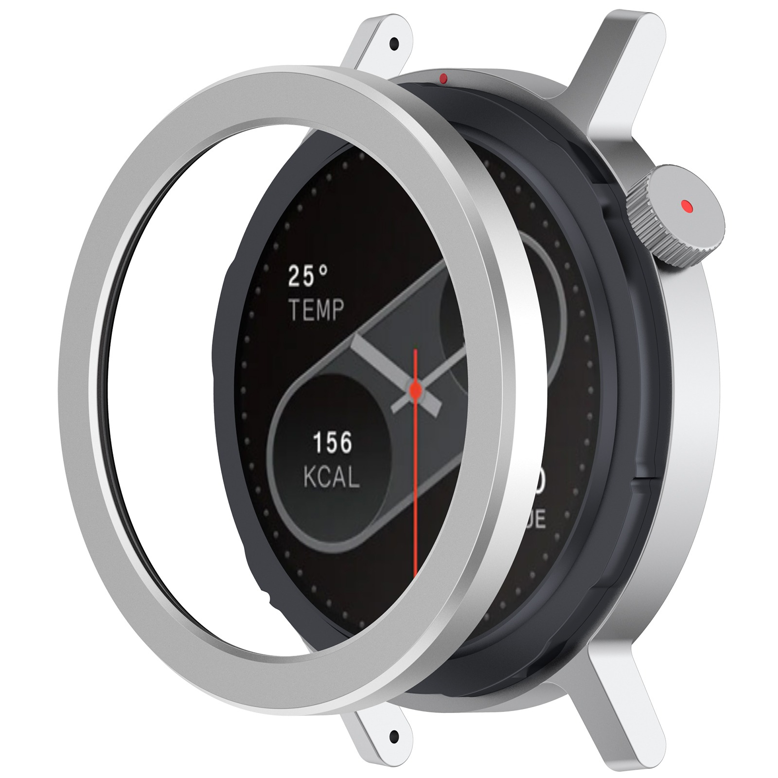 Primo piano di uno smartwatch, che mostra i dati di temperatura e calorie. Cornice e dettagli argento sono visibili.