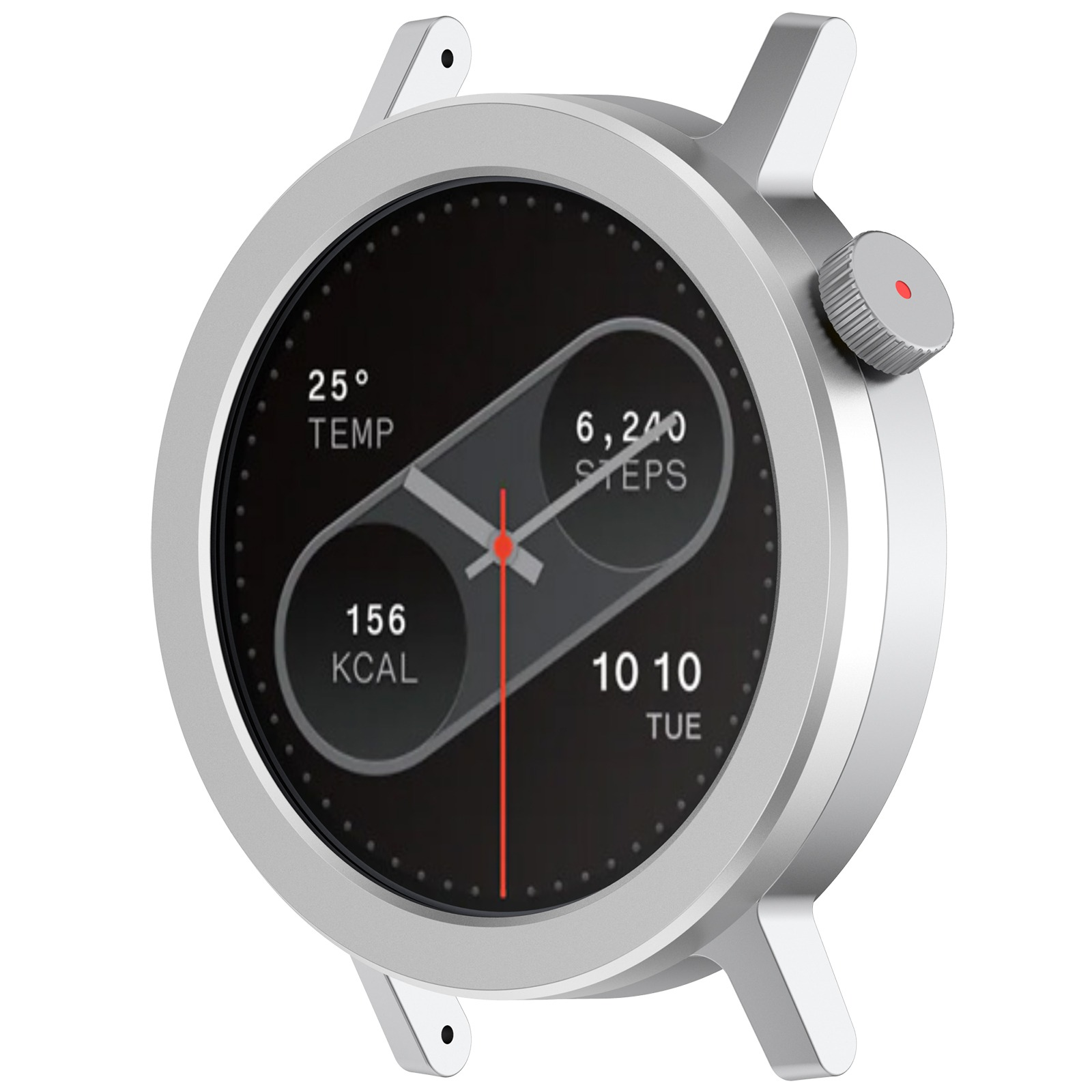 Uno smartwatch argentato mostra ora, temperatura, passi e calorie. Ha una lancetta dei secondi rossa e un pulsante laterale.