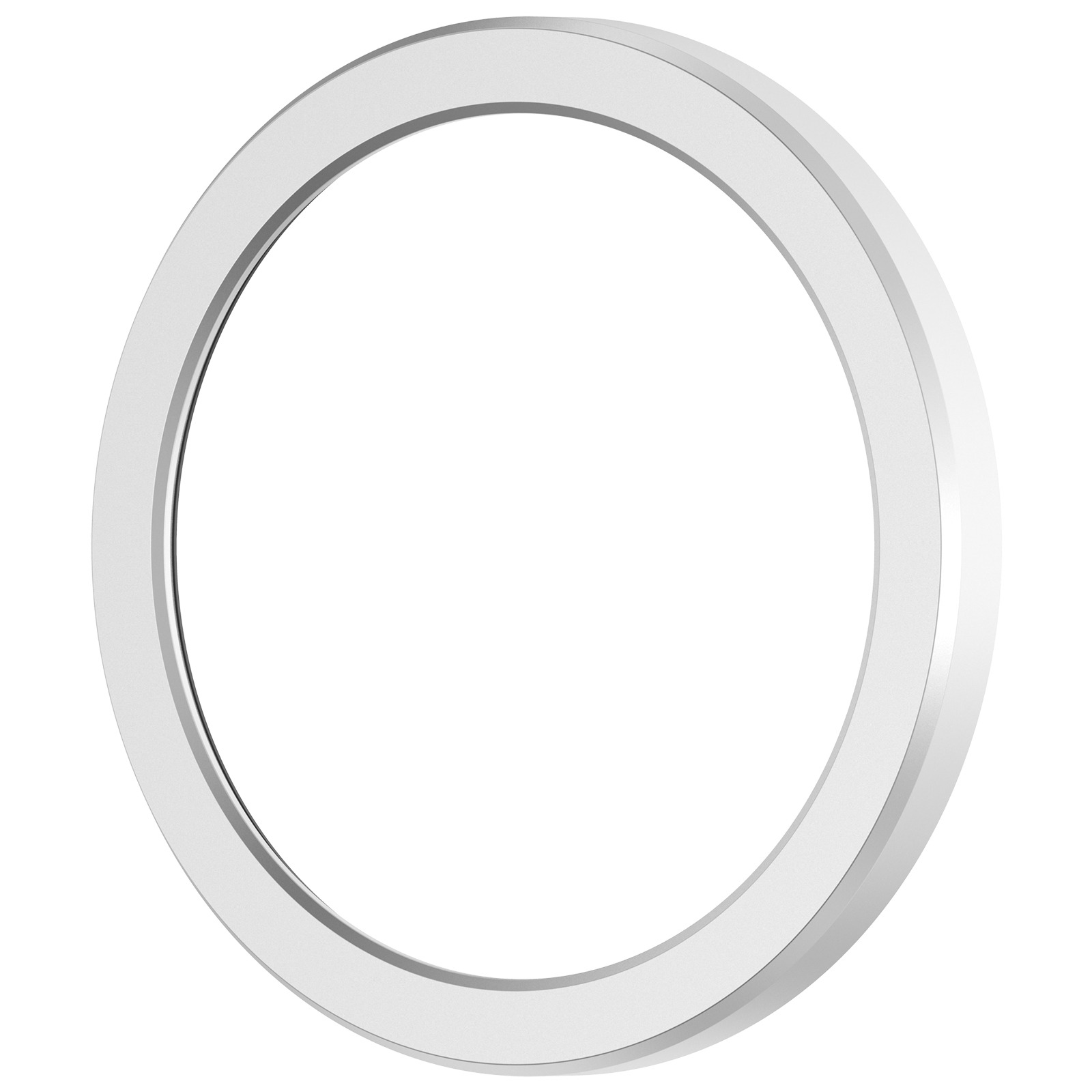Un anello bianco e metallico su sfondo bianco. L'anello ha un sottile effetto tridimensionale.
