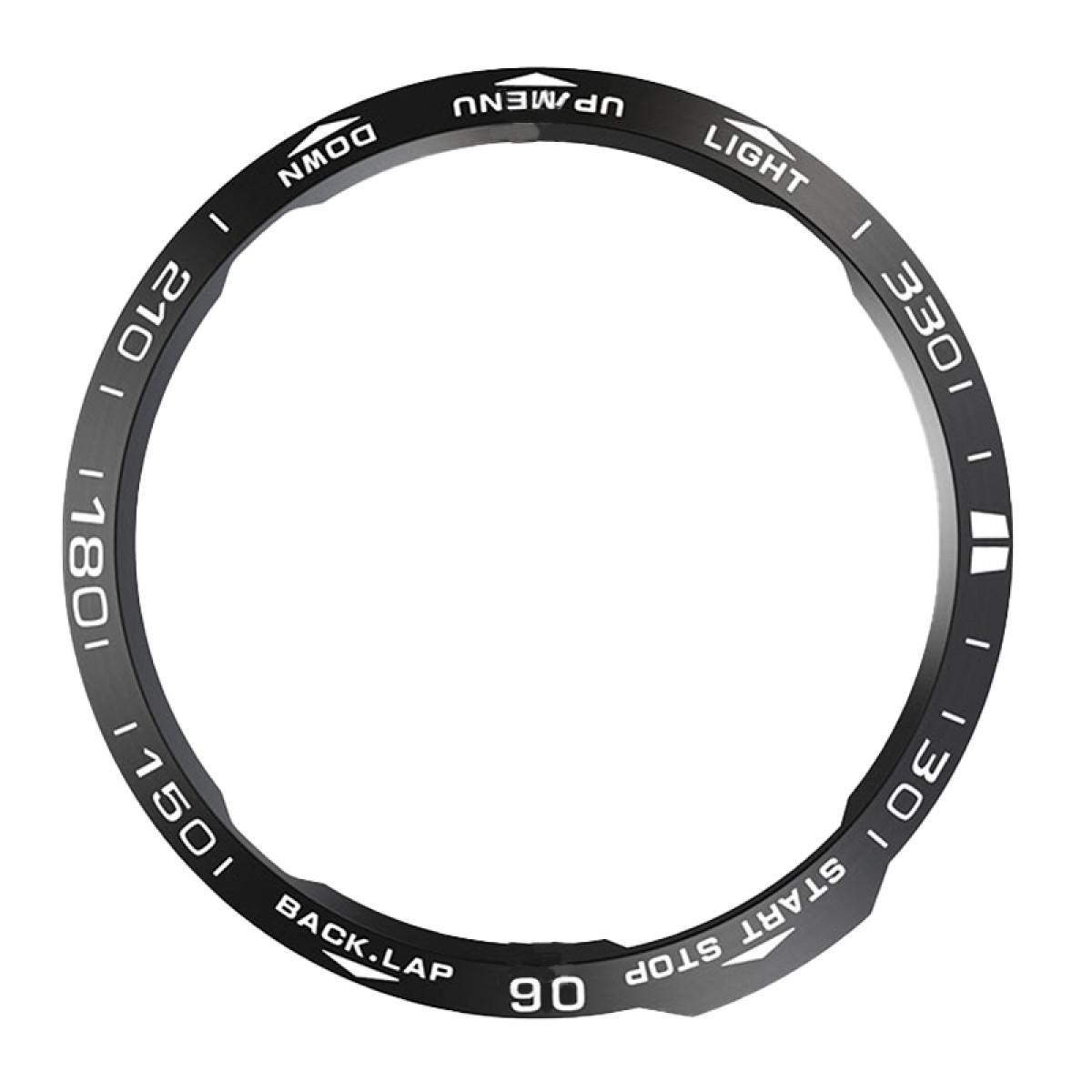 Ghiera nera dell'orologio con testo e segni bianchi. Le etichette includono: UP/MENU, DOWN, LIGHT, 210, 330, START STOP e BACK.LAP.