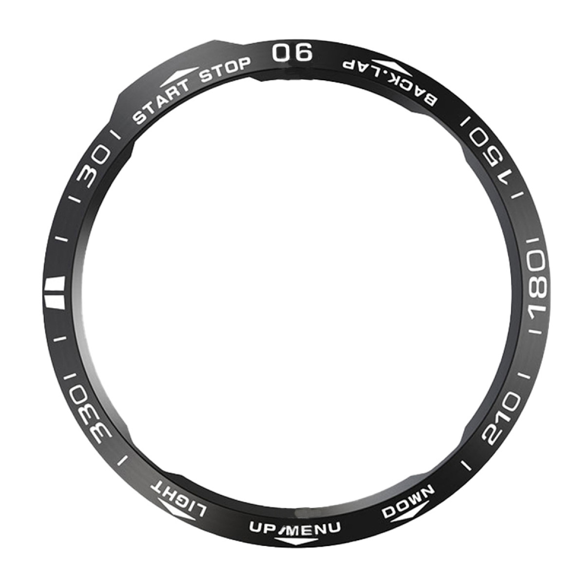 Lunetta dell'orologio nera con testo e numeri bianchi. Include 'START STOP', 'BACK.LAP', 'UP/MENU', 'DOWN' e numeri attorno al bordo.