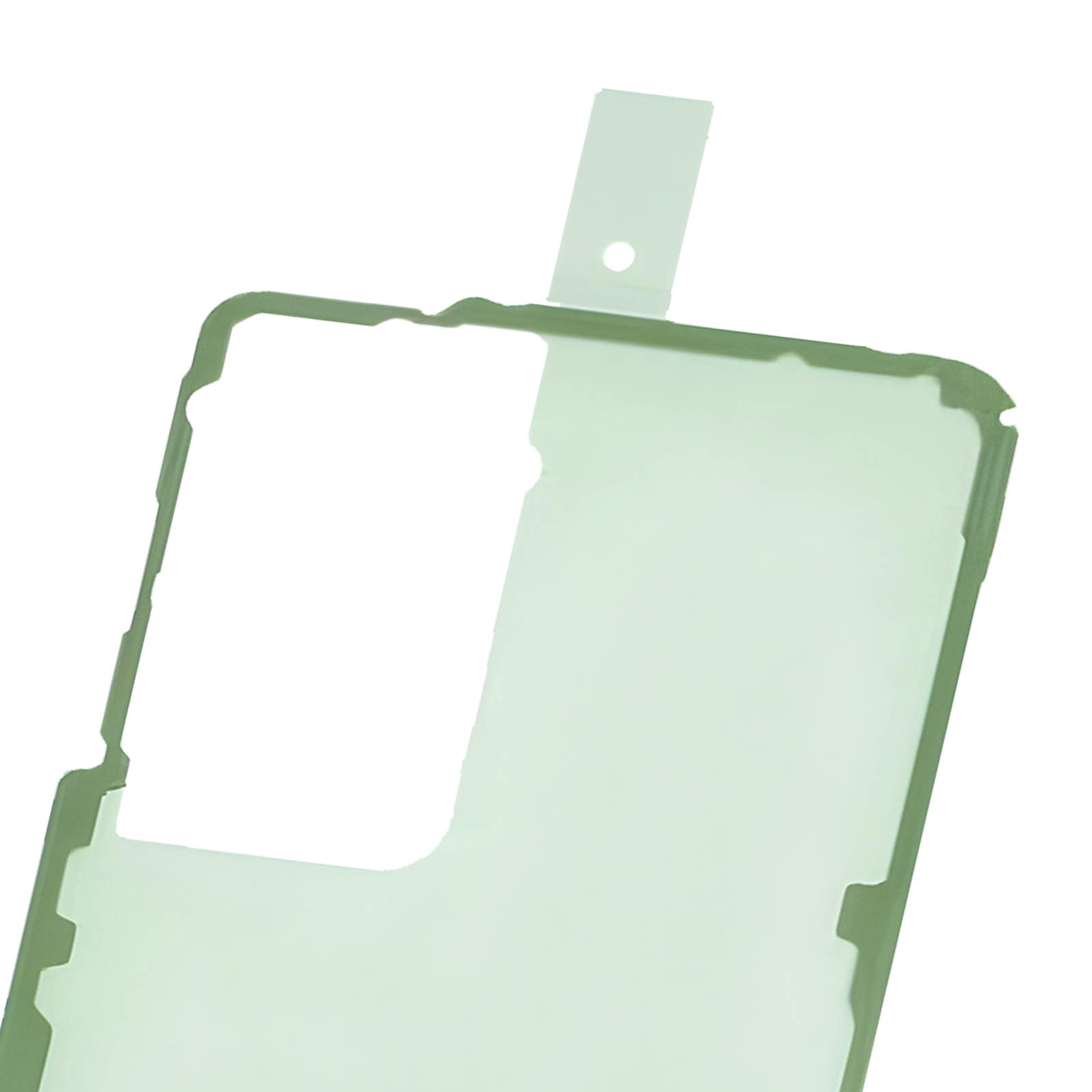 Un foglio adesivo verde chiaro di forma rettangolare con una piccola linguetta. Lo sfondo è bianco.
