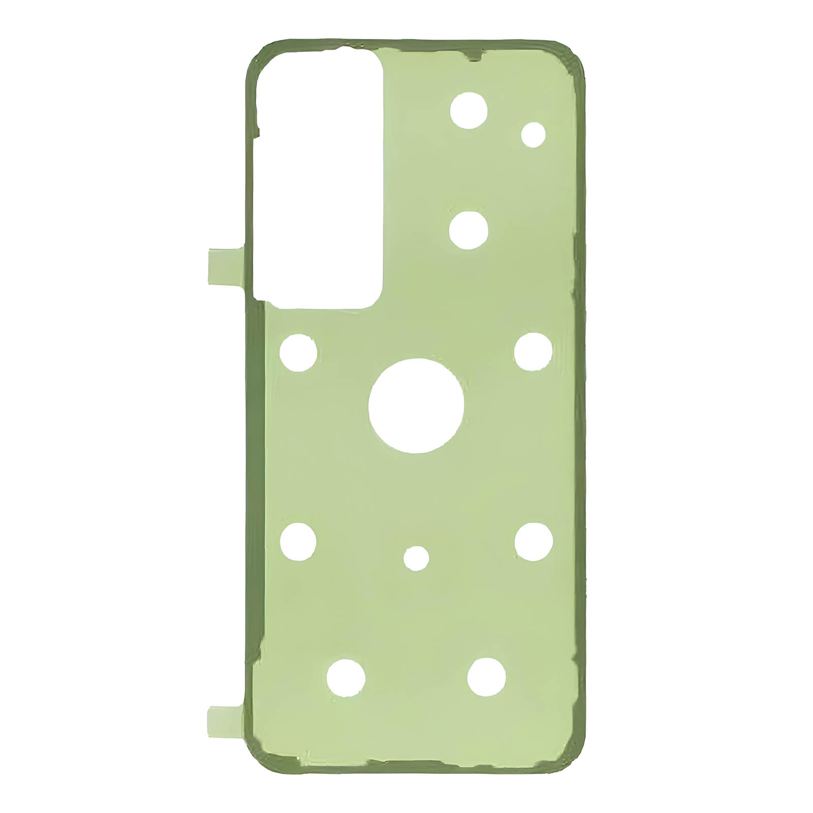 Una cover posteriore per telefono verde chiaro con diversi cerchi bianchi e un grande ritaglio rettangolare, su sfondo bianco.
