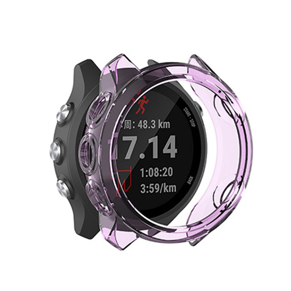 Uno smartwatch con una cover rosa mostra i dati di corsa: 7.14, 1:08:20 e 3:59/km. L'orologio è nero con pulsanti argentati.