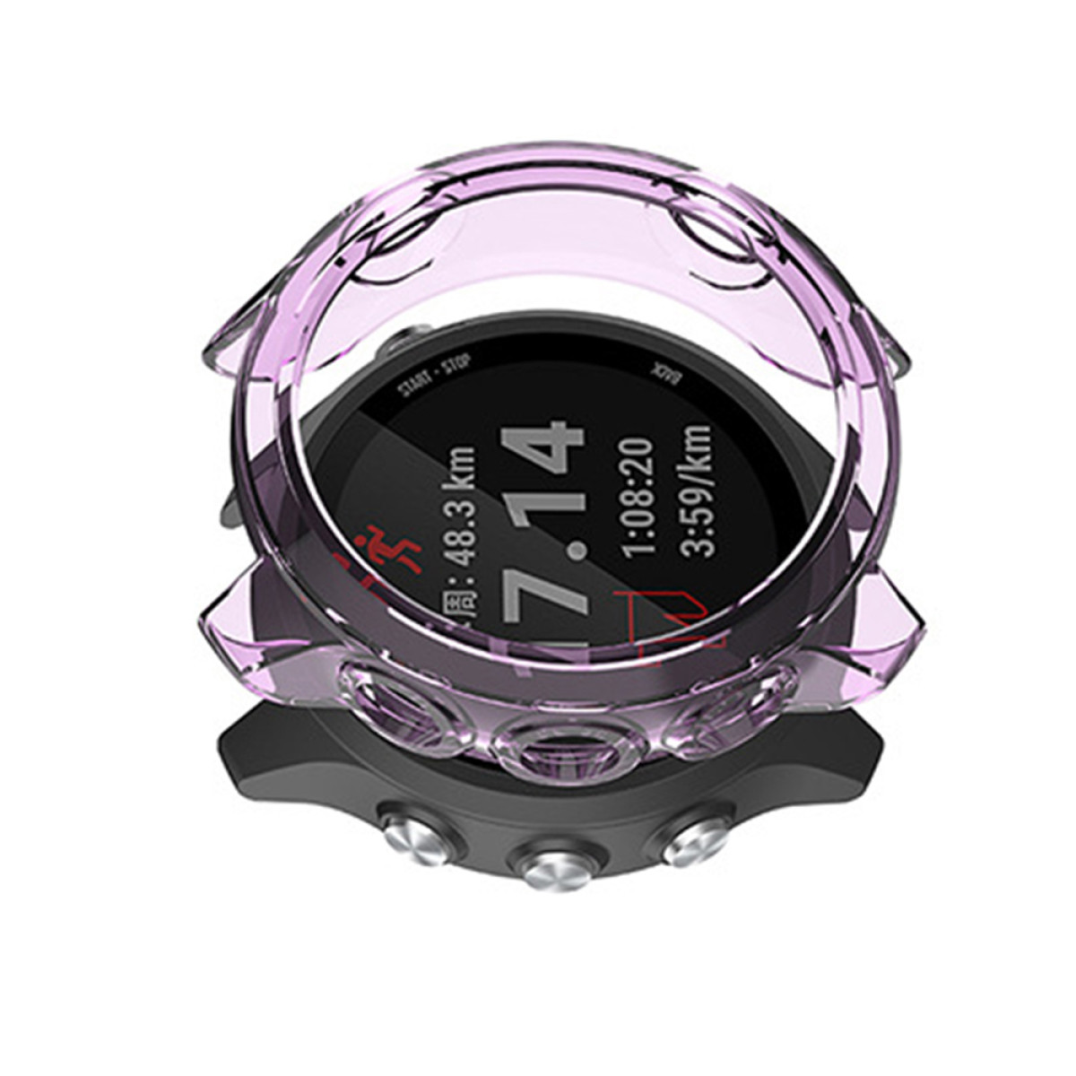 Uno smartwatch con una cover rosa. Lo schermo mostra dati di corsa come distanza, tempo e passo. Su sfondo bianco.