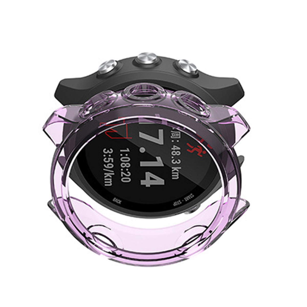 Uno smartwatch con custodia rosa mostra 7.14, 1:08:20 e 3:59/km. L'orologio è nero con pulsanti argentati.