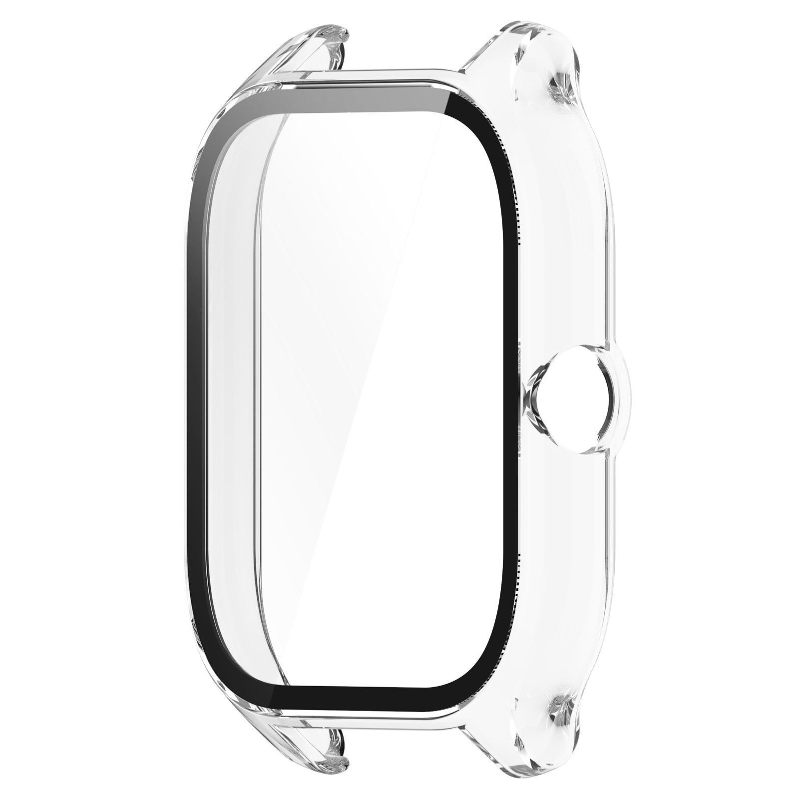 Un proteggi cassa per orologio trasparente. Ha una forma rettangolare arrotondata con una cornice nera attorno allo schermo.