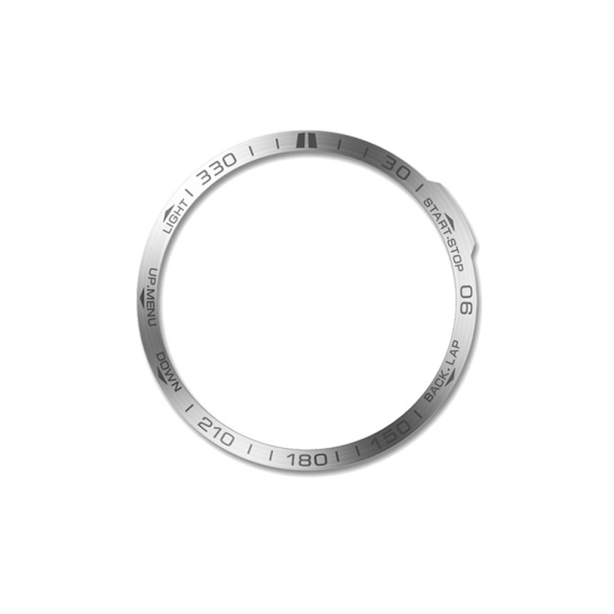 Ghiera circolare dell'orologio con indicazioni per luce, menu, giù, start-stop e numeri. Argento su sfondo bianco.