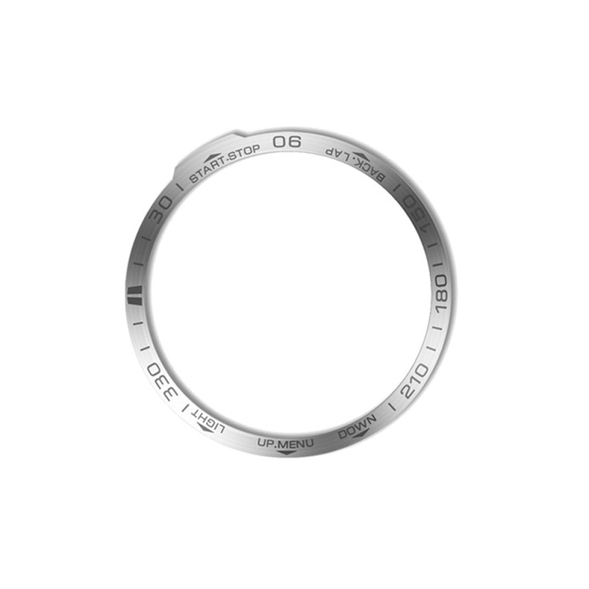 Una lunetta circolare dell'orologio con numeri e testo in argento. I numeri e il testo sono bianchi. Lo sfondo è bianco.