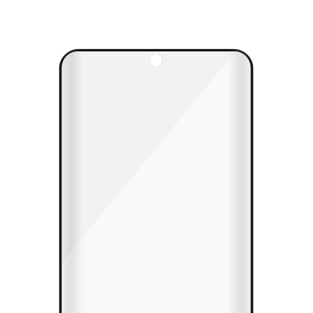 Primo piano di una protezione per schermo per smartphone con bordo nero, schermo bianco e piccola fotocamera frontale circolare bianca.